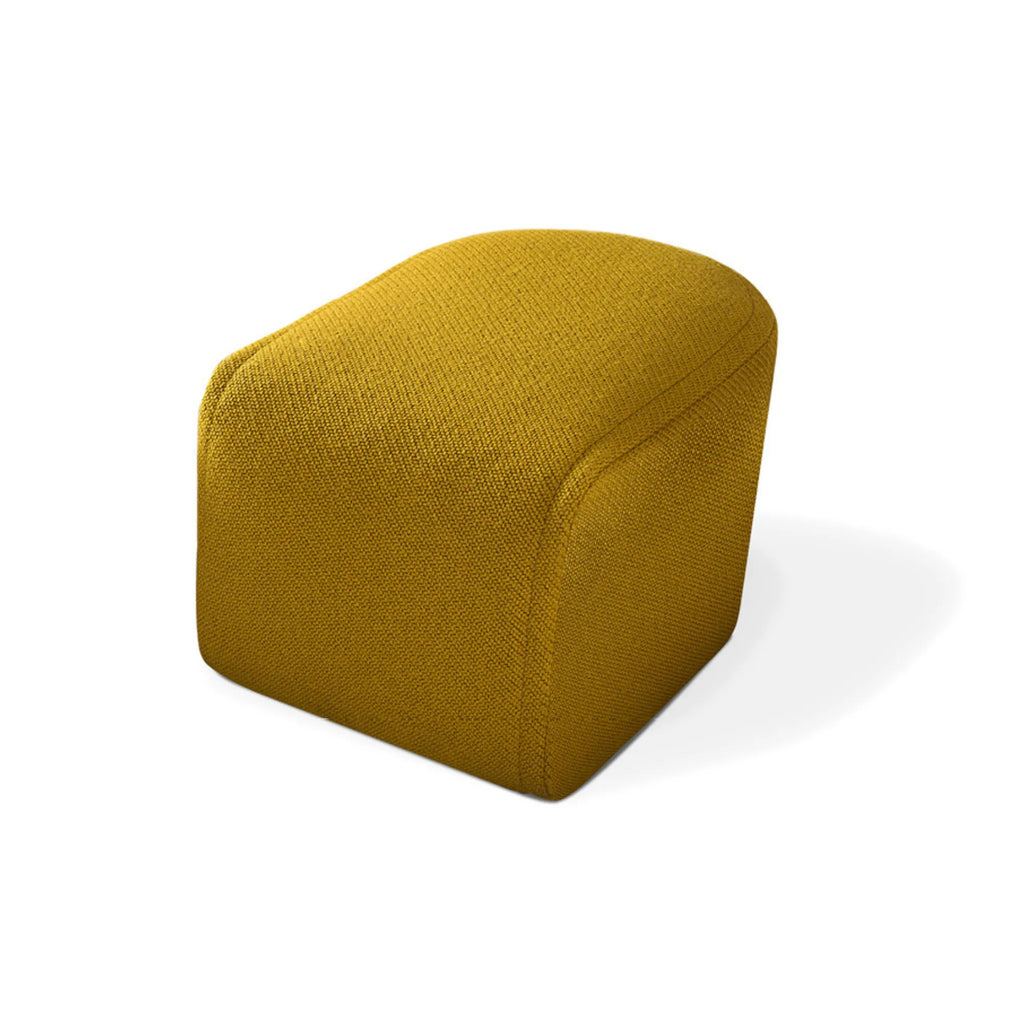 Hessentia Marilyn Pouf, a modern minimalist pouf upholstered in a rich mustard yellow textured woven fabric with a gently curved, rounded rectangular silhouette. This versatile contemporary ottoman is perfect as an accent piece for living rooms, bedrooms, or cozy reading nooks.