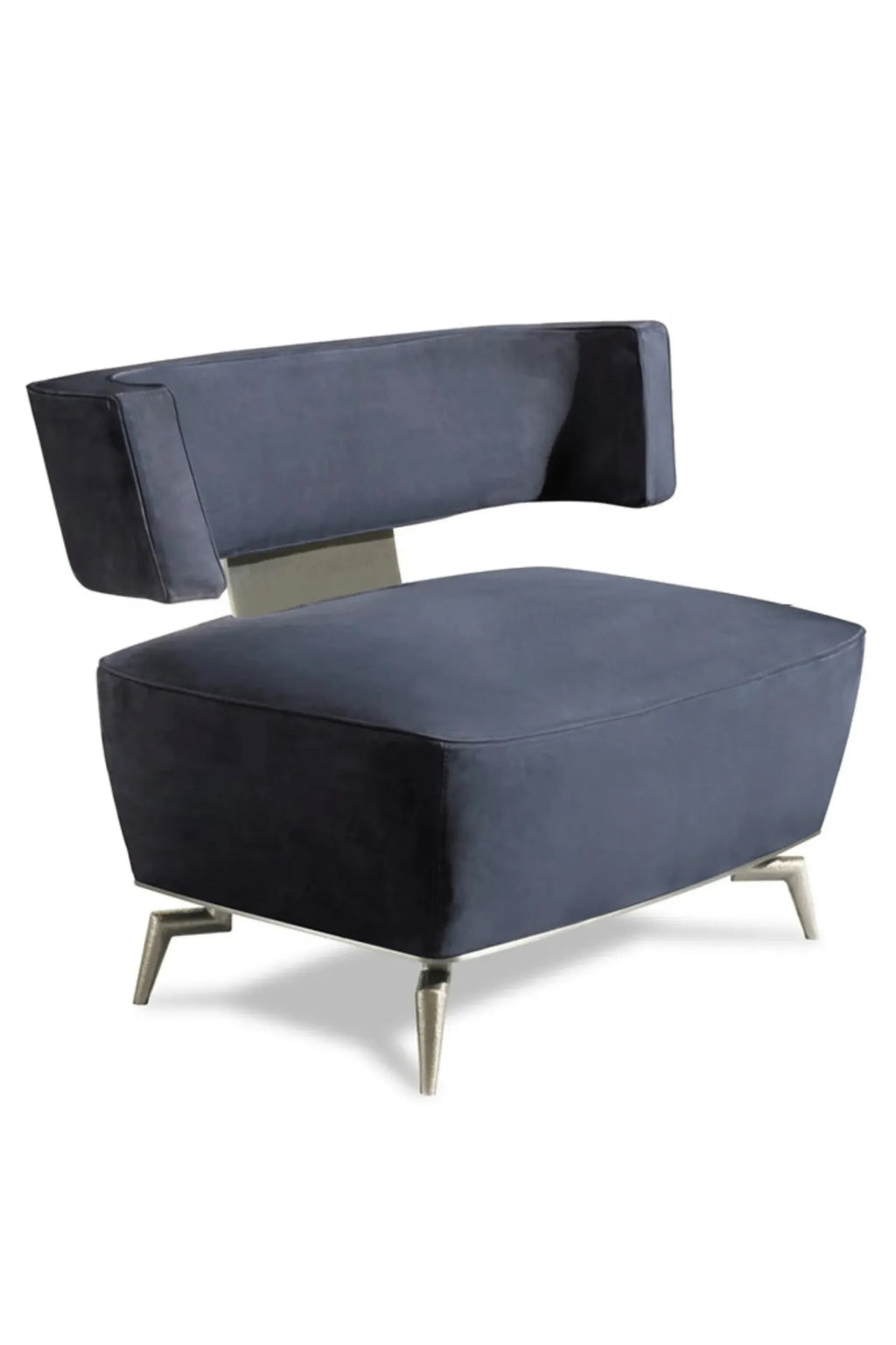 Hessentia Janet Armchair, a contemporary lounge chair featuring plush dark blue velvet-touch upholstery with a distinctive floating backrest, supported by a sleek brushed silver metal bar.
