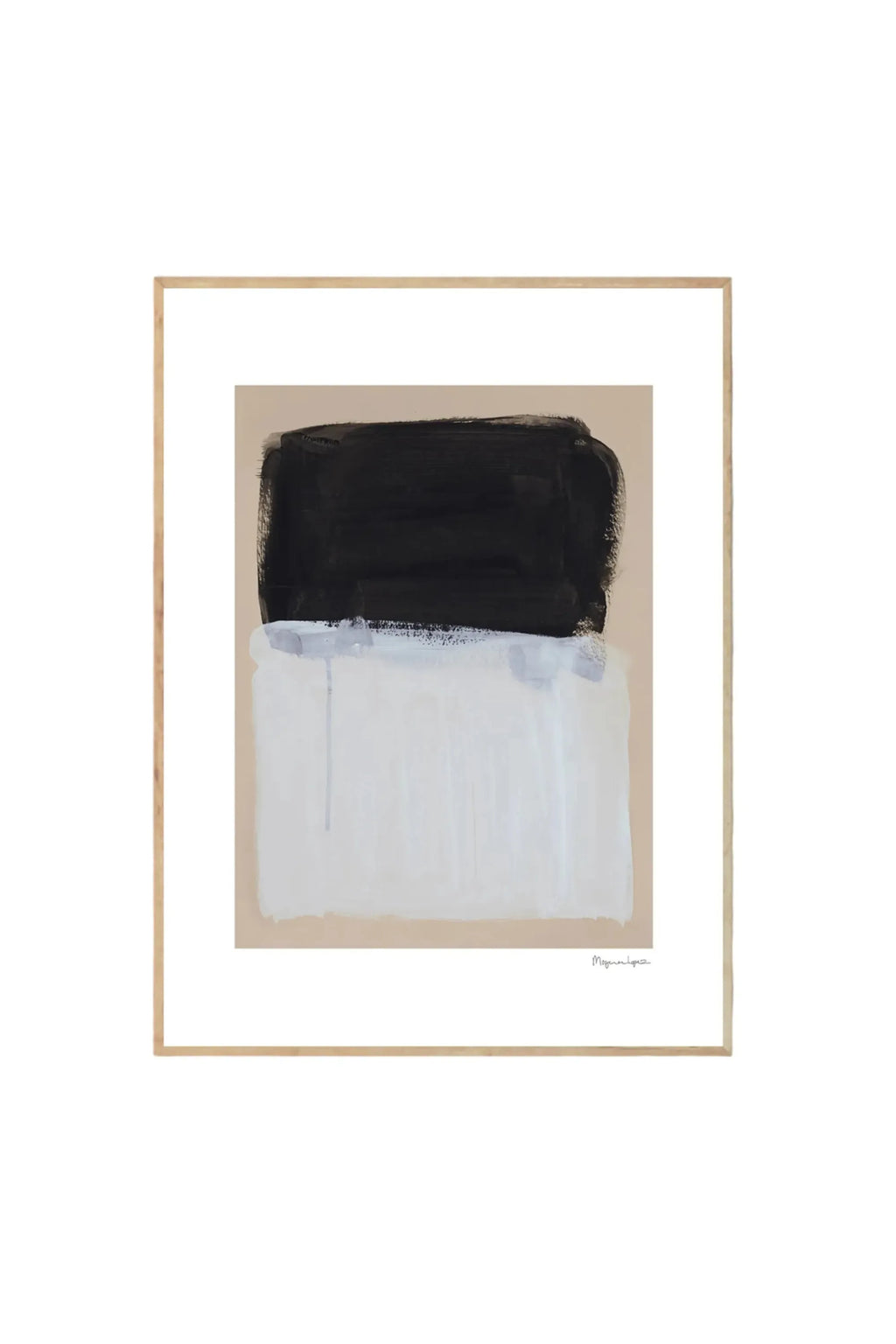 The Poster Club Painted Surface - Art Print, a modern abstract poster featuring bold black and textured white brushstrokes over a subtle beige background, framed in a light natural wooden frame. This gallery-quality art print is perfect for contemporary decor enthusiasts seeking stylish wall art.