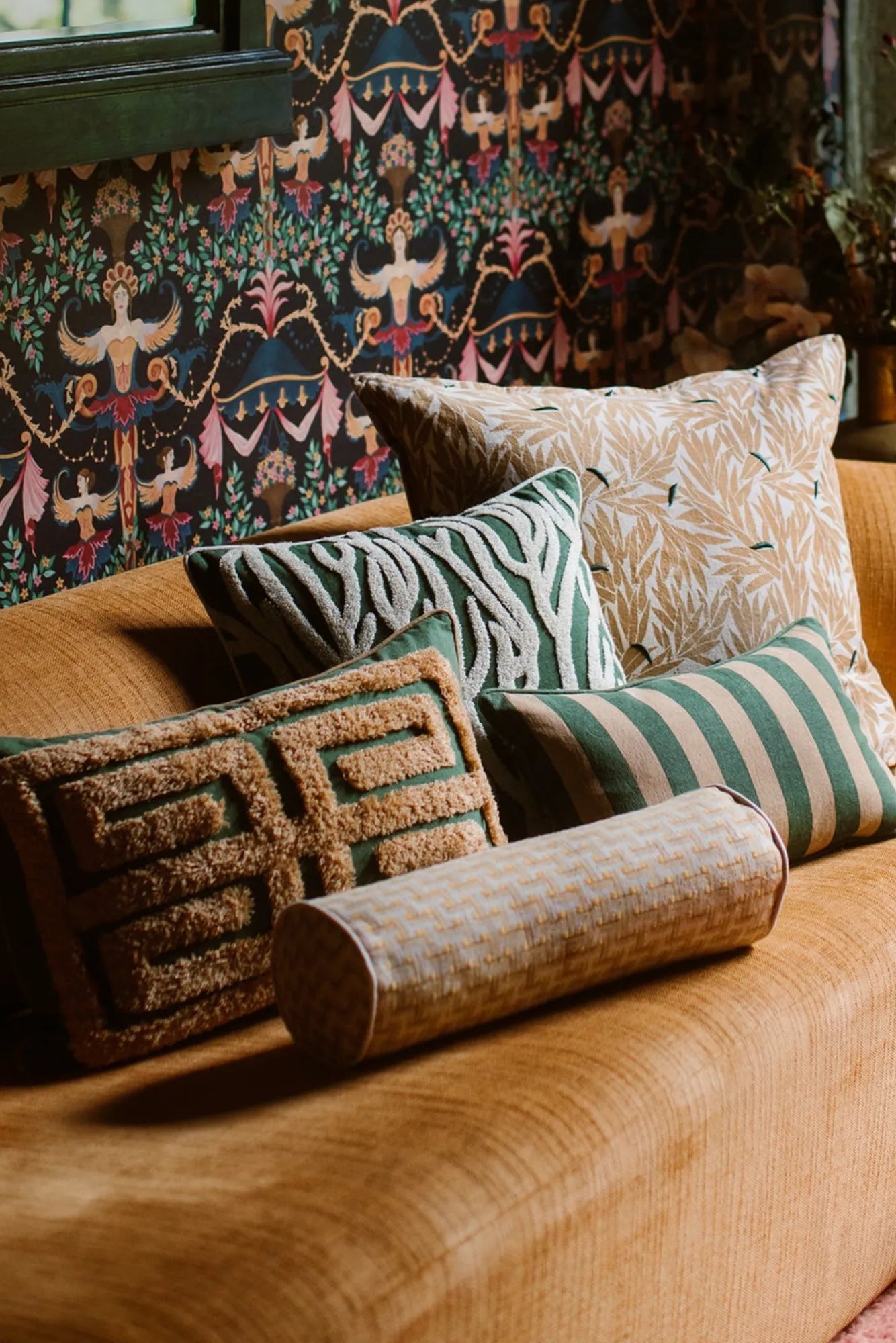 Beautiful and elegant Cleo cushion cover in luxurious velvet fabric with ornate floral embroidery in rich, earthy tones