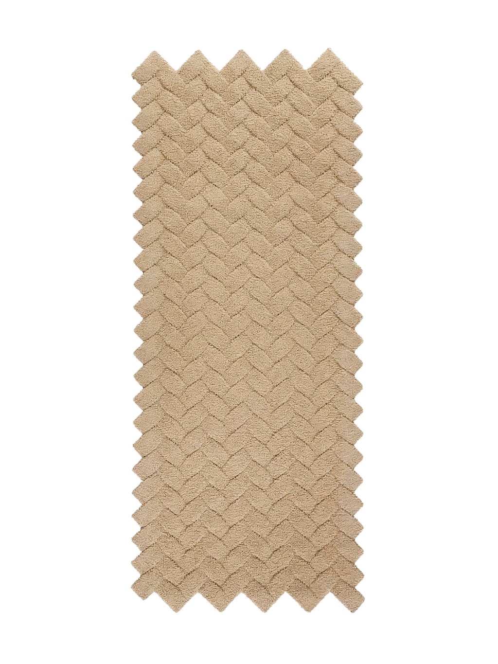alp_ Palma Rug, a neutral beige area rug featuring a plush, soft textured herringbone pattern and a unique scalloped zig-zag edge. This contemporary rug, crafted from a cozy fiber, offers a luxurious feel and a distinct visual appeal. Ideal for adding warmth and modern style to living rooms, bedrooms, or cozy reading nooks.