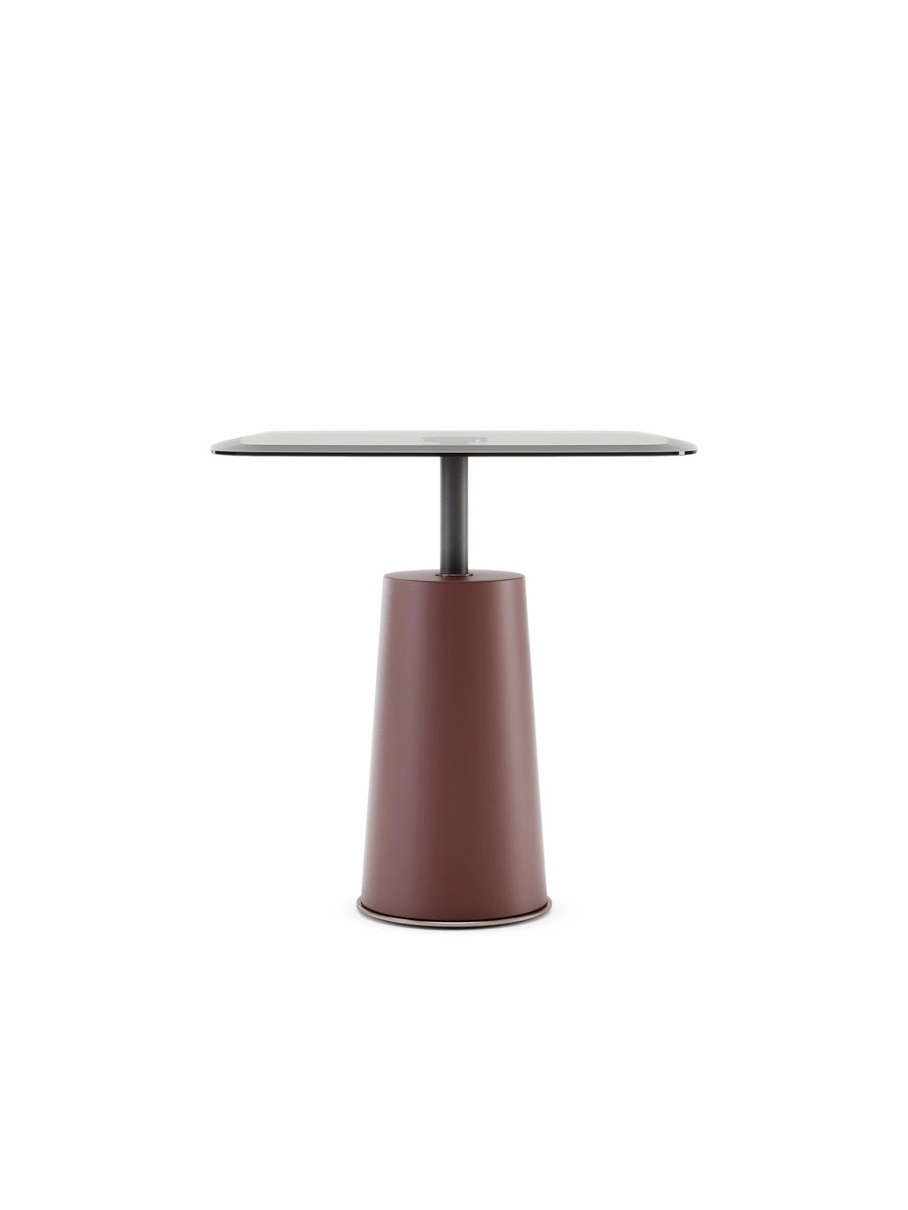 Domkapa Panton Side Table, a sleek modern side table featuring a square smoked glass top with subtly rounded corners, a dark matte metal cylindrical support, and a striking conical base in a smooth reddish-.