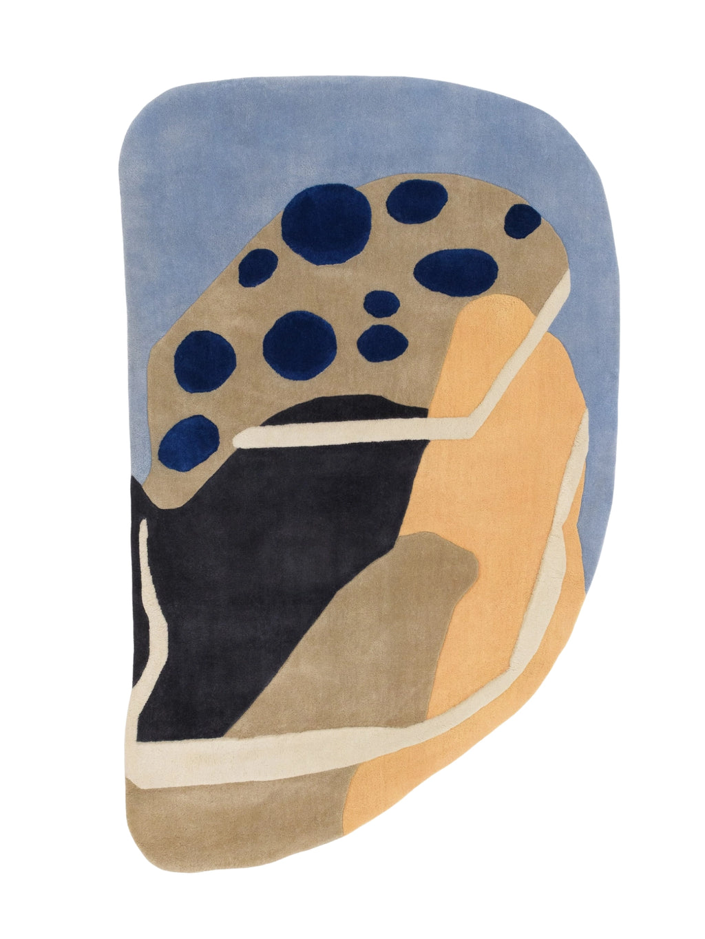 Haus Üger Papillon Rug, a hand-tufted wool area rug featuring a unique irregular organic shape and abstract layered design in a vibrant multi-color palette of light blue, deep navy, warm beige, soft peach, black, and cream. This plush, sculpted rug offers varying pile heights, adding textural depth to its contemporary pattern. Perfect as a statement floor covering for organic modern living rooms, playful kids' bedrooms, or creative studio spaces.