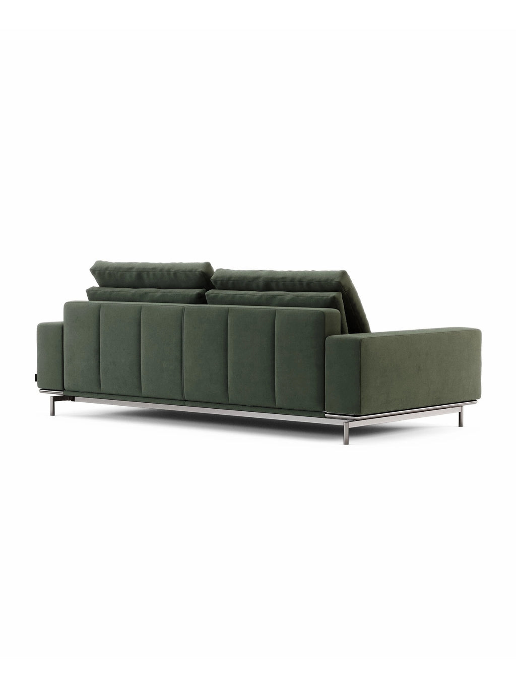 Domkapa Parker 2-Seater Sofa, a contemporary forest green fabric sofa with plush, deep seating cushions, wide track arms, and a distinctive vertically paneled backrest.