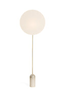 Minimalist pendant light with a spherical shade on a white background