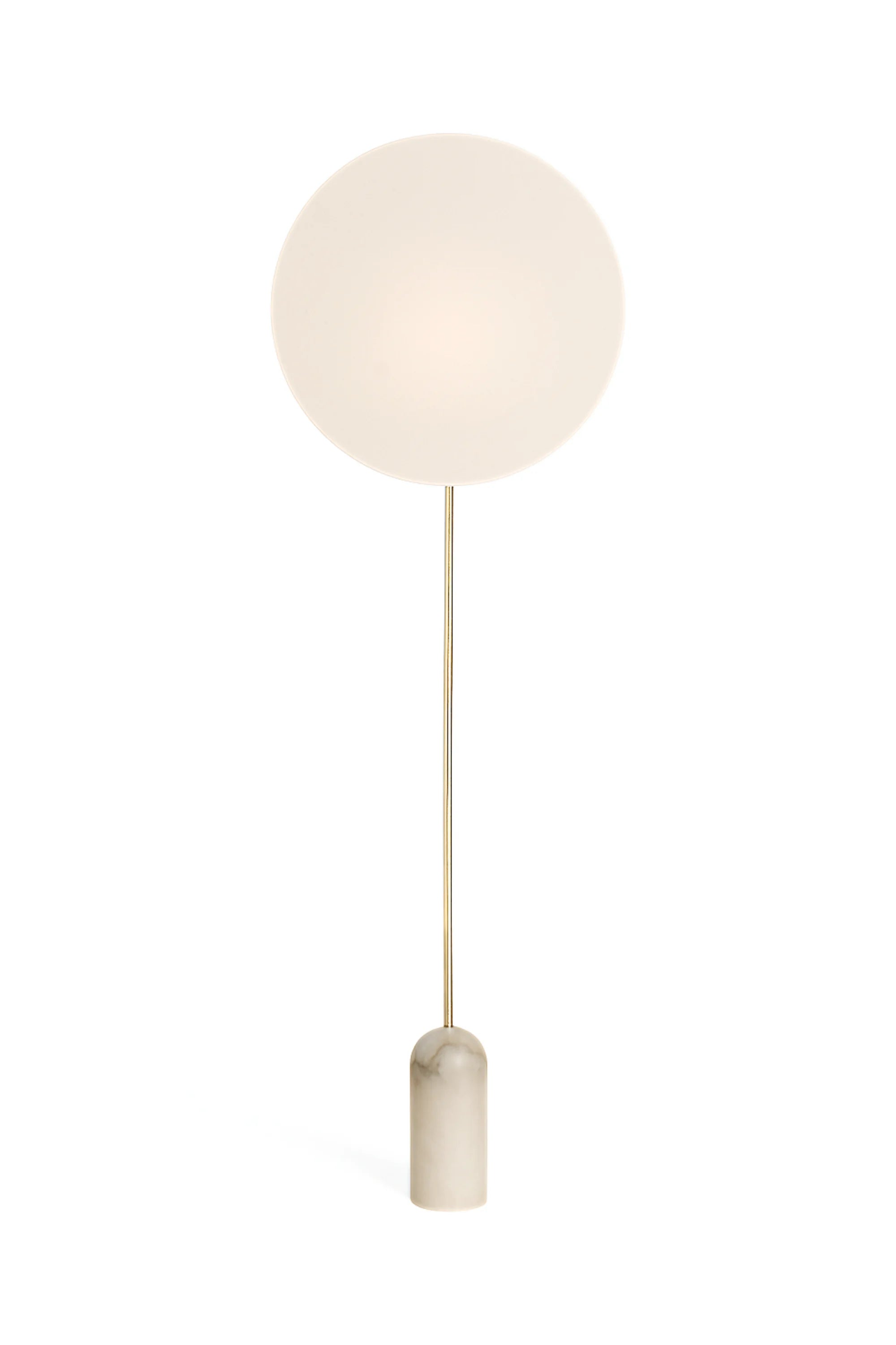 Minimalist pendant light with a spherical shade on a white background