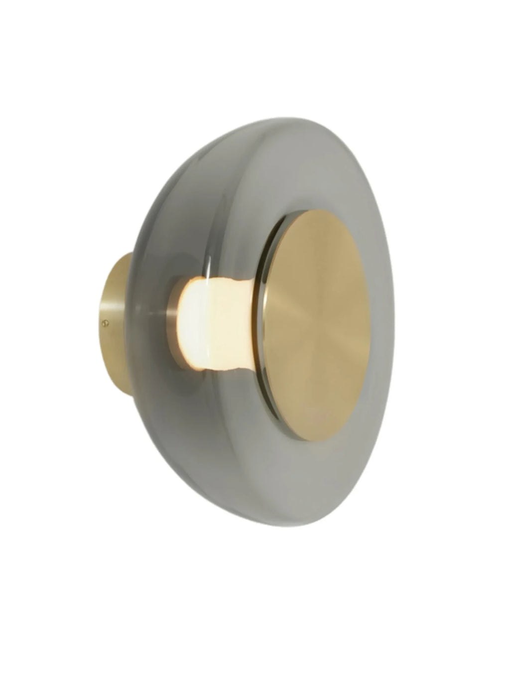 CTO Lighting Pendulum Wall Lamp, a luxurious modern wall light featuring a spherical smoked grey glass shade with an internal brushed brass disc and matching cylindrical brass base, emitting a warm glow. This contemporary glass and brass wall sconce is perfect for adding designer lighting to a living room, bedroom, or elegant entryway.