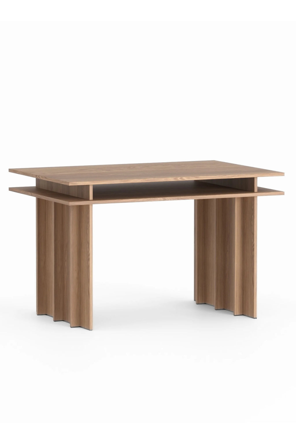 TAMO Piato Desk in light brown wood, featuring a floating top surface and two bottom shelves over distinctive corrugated-style leg panels on a simple studio shot. This premium modern desk is ideal for contemporary workspaces.