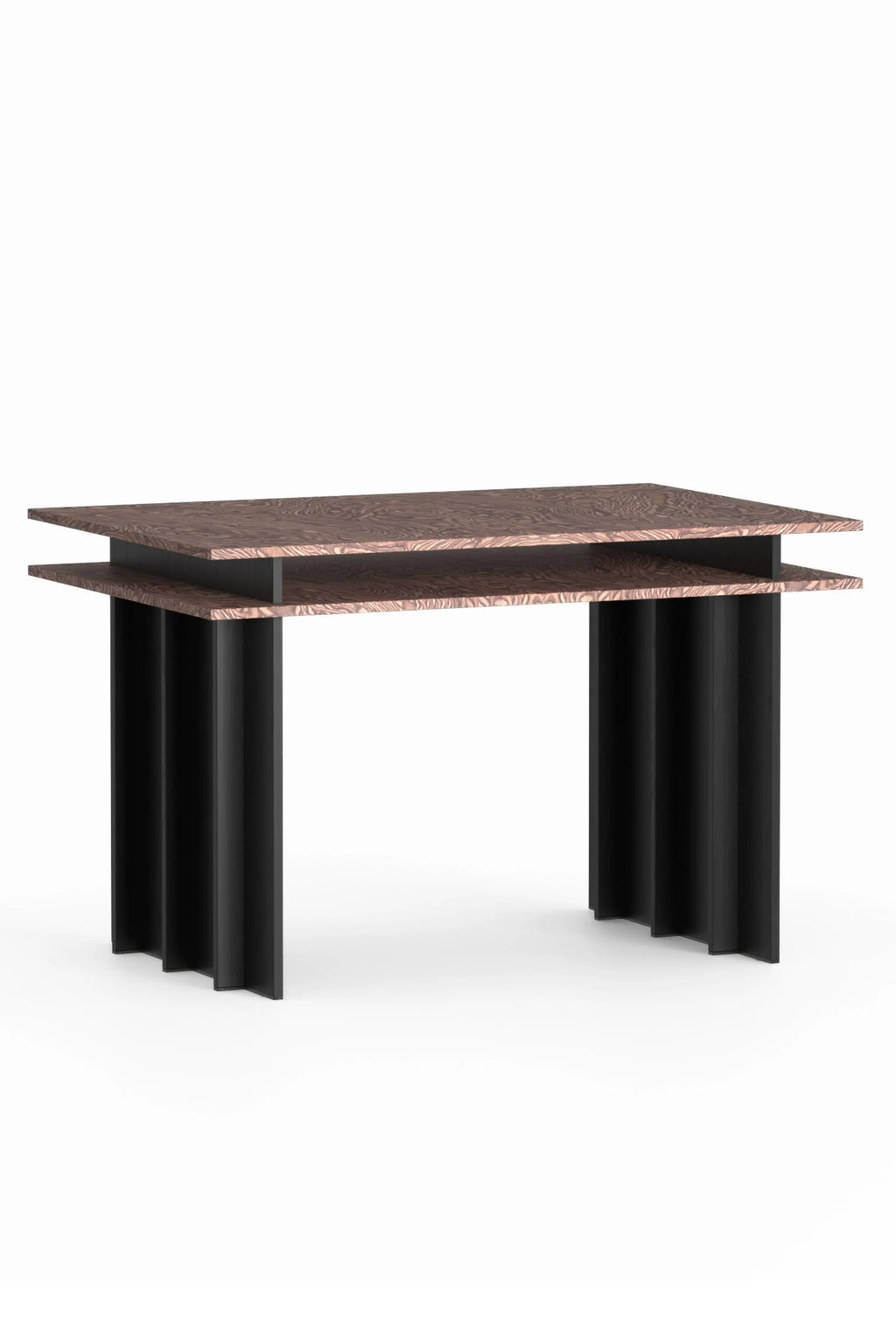 TAMO Piato Desk featuring two-tiered, rectangular, dark wood tops with a wavy grain texture, supported by two black corrugated pedestal legs, on a white background. This premium designer desk is ideal for a stylish office or home workspace.