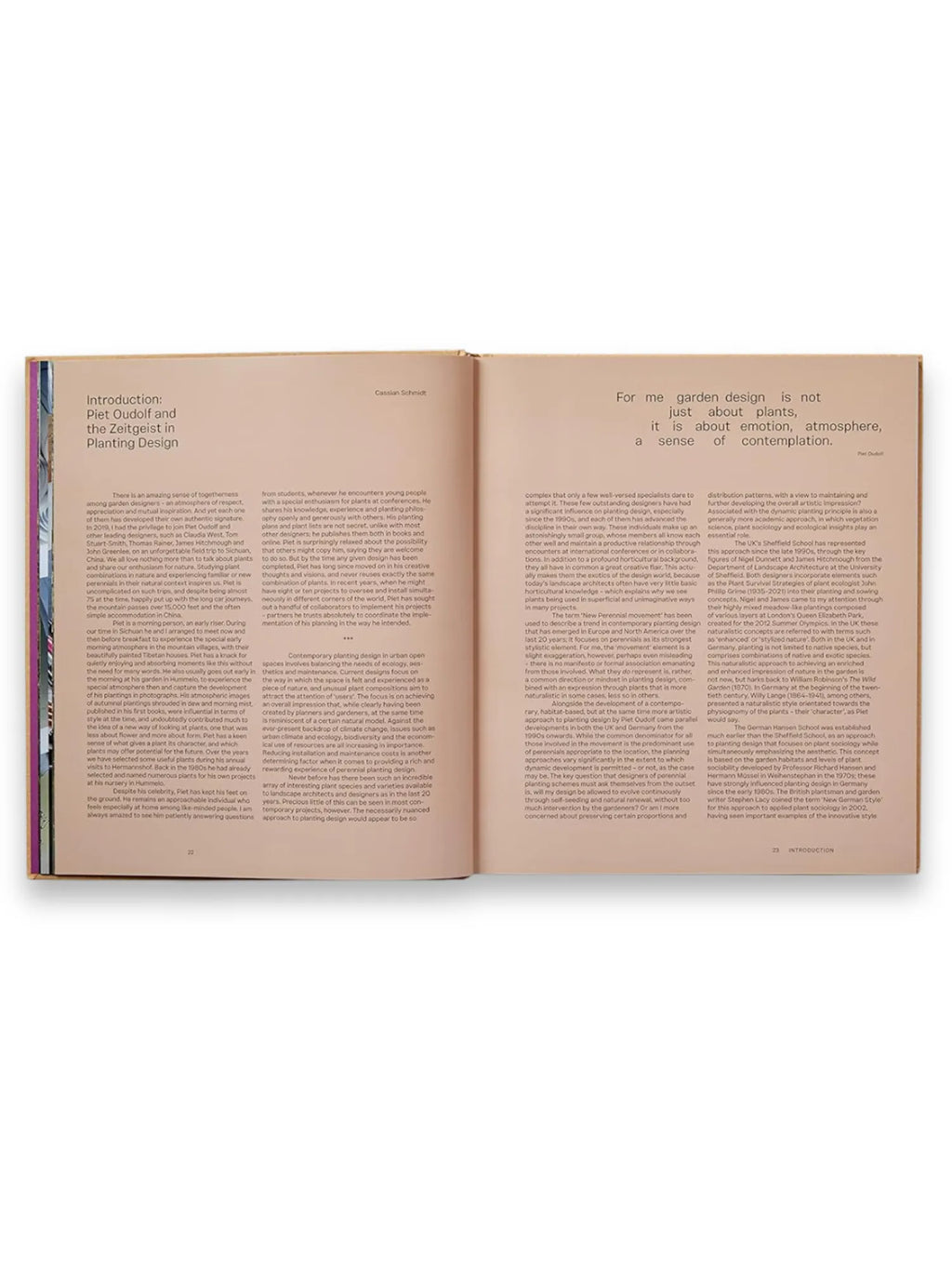 Book Piet Oudolf at Work, an open, premium hardcover book with an earth-toned page featuring an "Introduction" and a quote about garden design. This insightful book is ideal for landscape architects, garden enthusiasts, and design professionals seeking inspiration and knowledge.