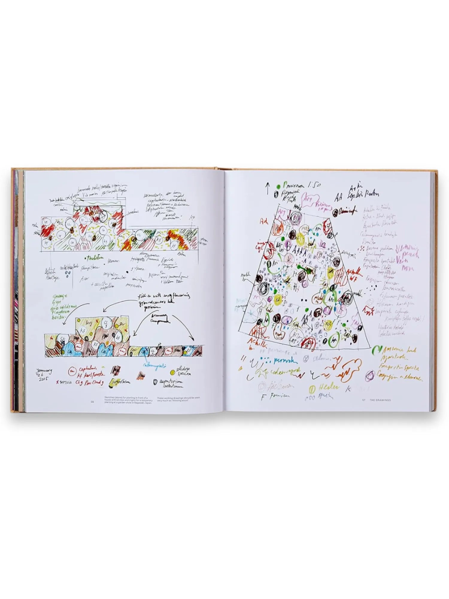 Book Piet Oudolf at Work, an open hardcover book showcasing colorful, handwritten garden design sketches and detailed plant lists across two white pages. This essential landscape design book offers valuable insights for professional horticulturists and gardening enthusiasts.