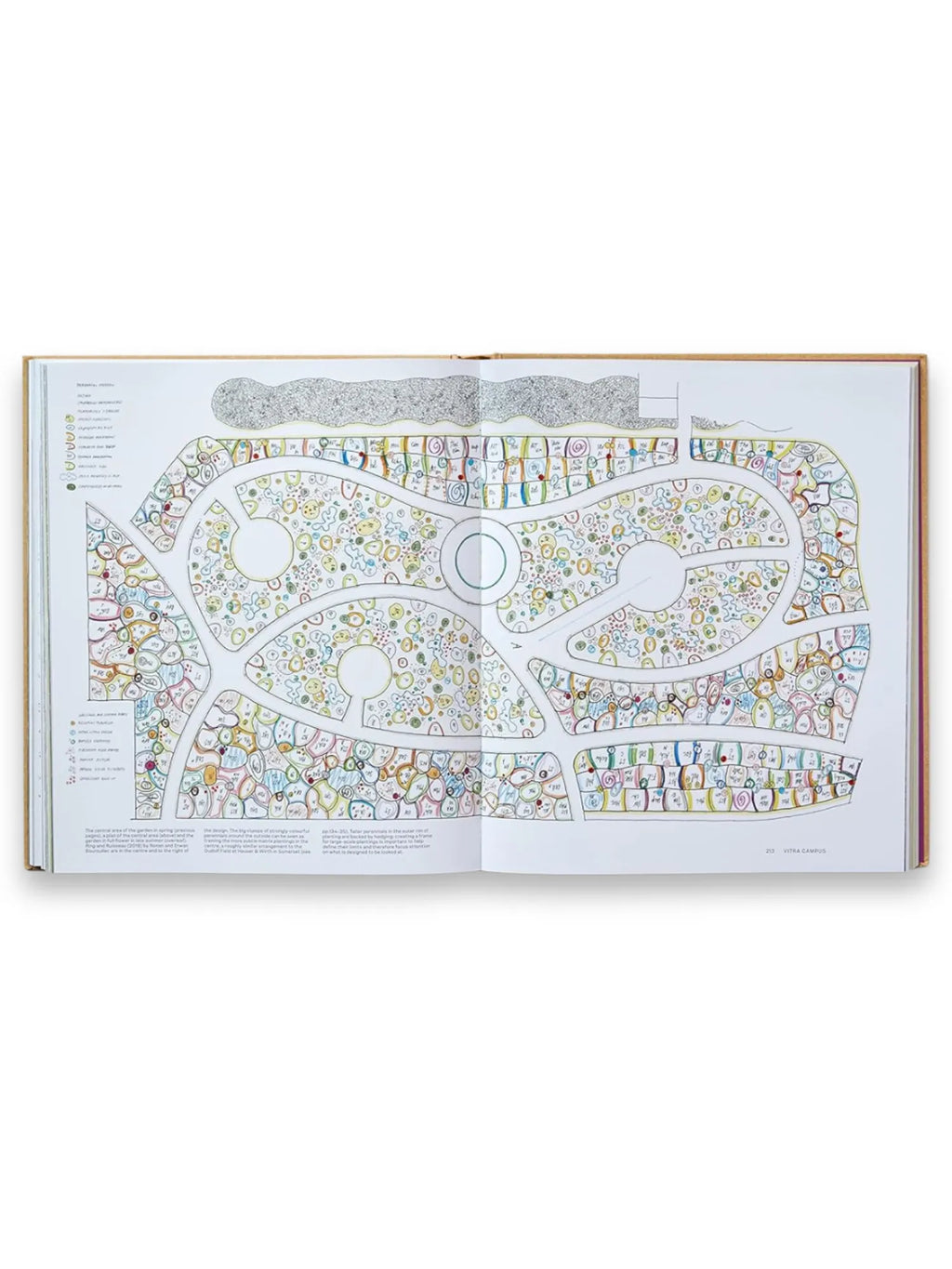 Book Piet Oudolf at Work, an open hardcover book featuring a detailed, colorful garden planting plan illustration with handwritten labels and descriptive text on a white page. This essential landscape design book is perfect for garden enthusiasts, professional landscapers, and students of horticulture seeking inspiration and practical knowledge.