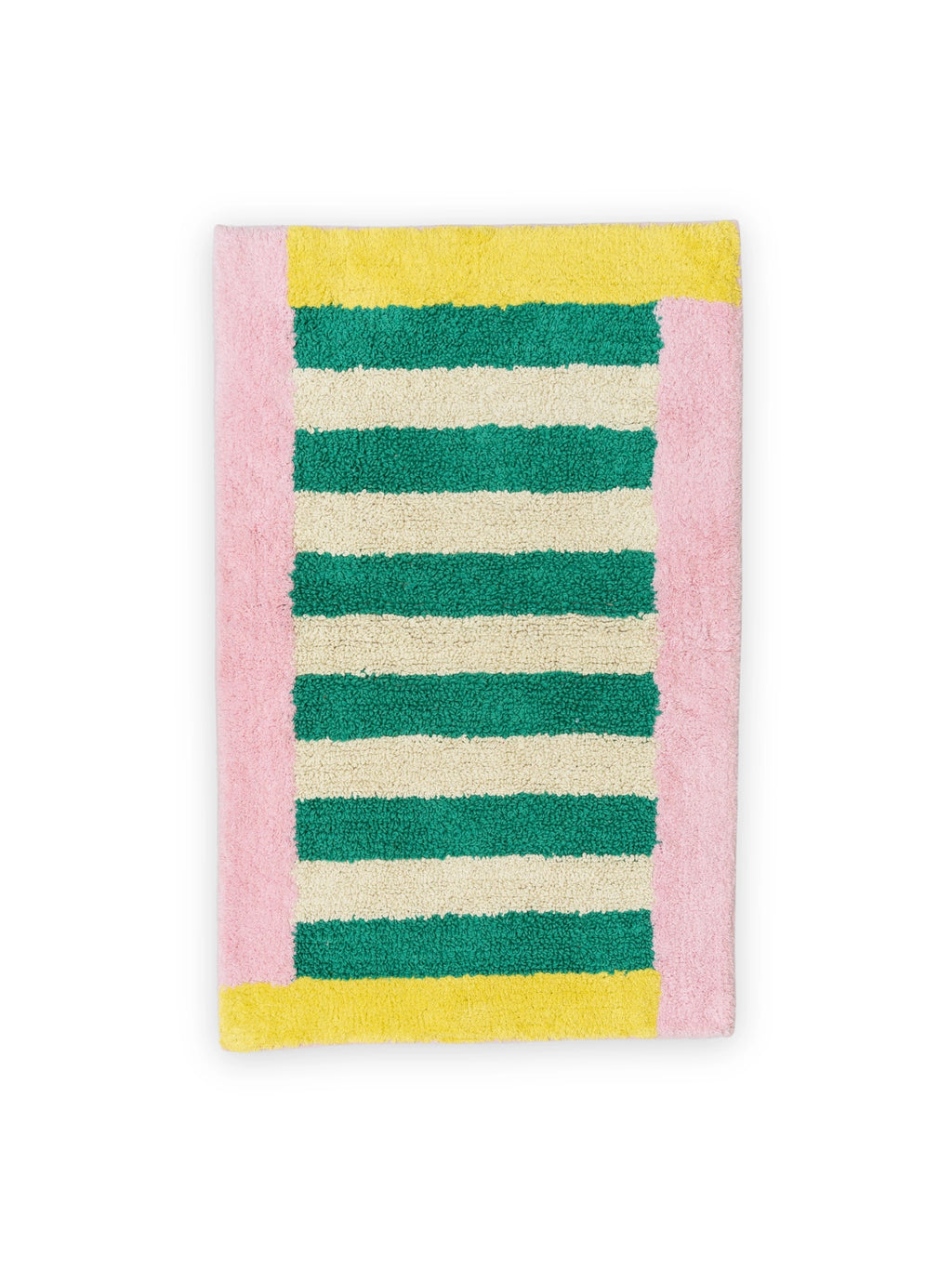 TARTA GELATINA Piña Colada Bath Mat, a vibrant rectangular bath mat featuring bold horizontal stripes in emerald green and cream, framed by a playful border of light pink and bright yellow. Crafted from soft, absorbent tufted cotton, this colorful and retro-inspired bath mat offers a plush texture, ideal for adding a fun accent to modern bathrooms, kids' spaces, or powder rooms.