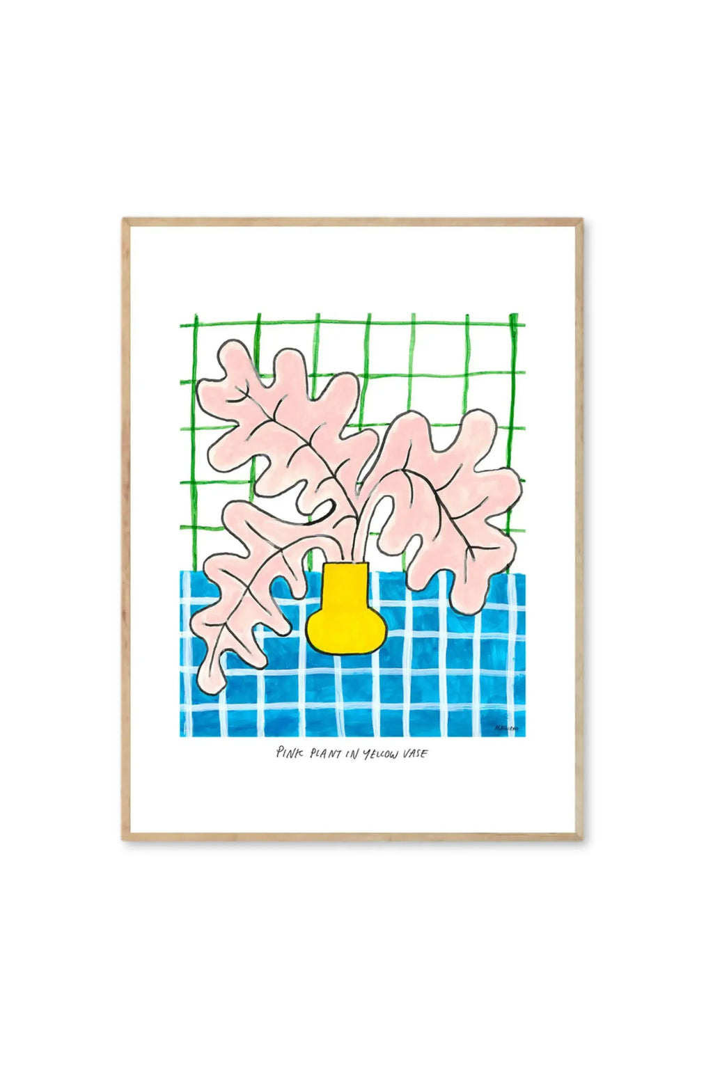 The Poster Club Pink Plant in Yellow Vase - Art Print, featuring a modern graphic illustration with pink leaves in a bright yellow vase, set against a blue and green grid pattern. This stylish wall decor is perfect for contemporary art collectors and home decorators seeking a pop of color.