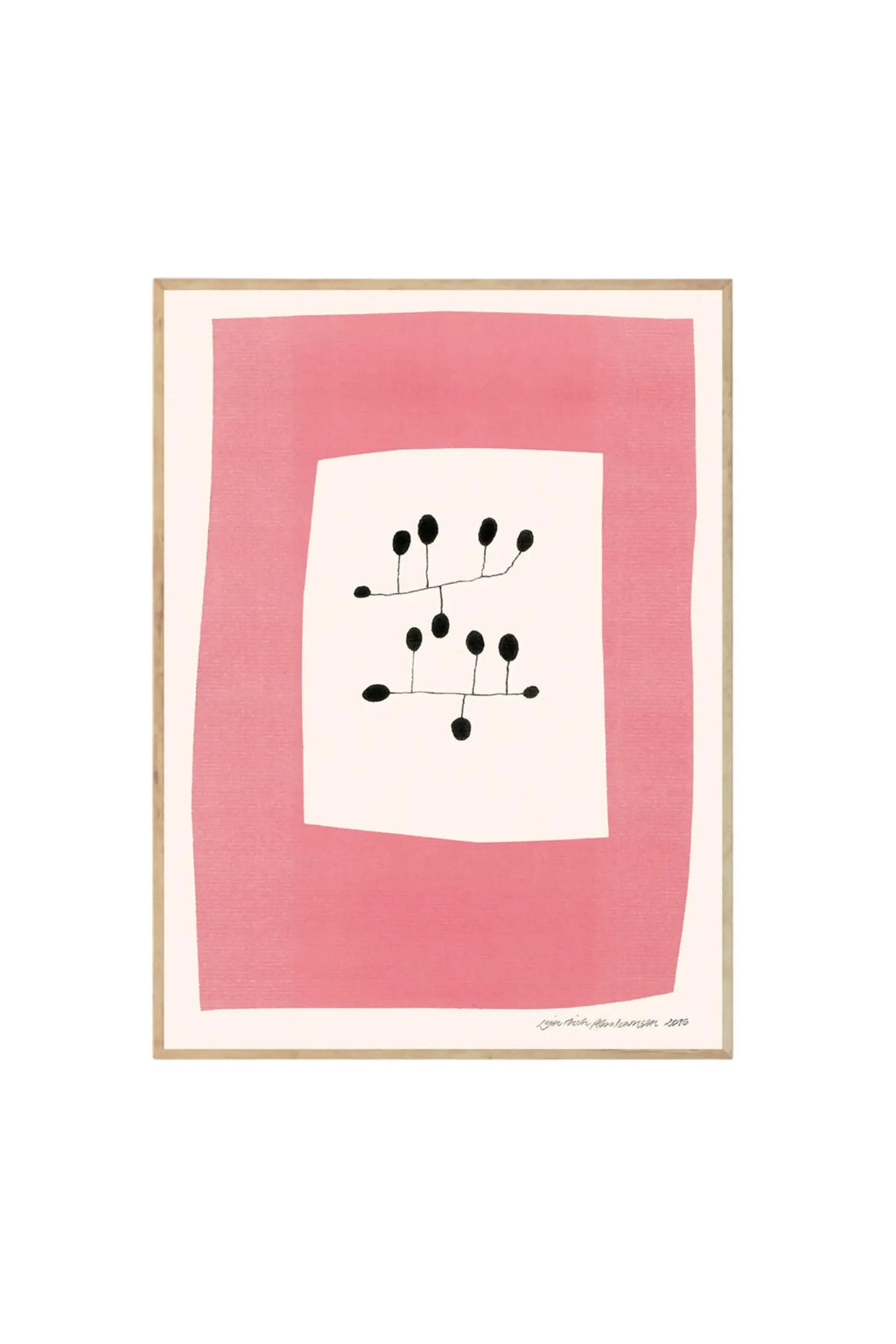 The Poster Club Pink Surrender - Art Print, featuring a modern abstract design with a textured light pink background and a central white square showcasing black organic shapes resembling berries on branches, all encased in a light wooden frame. This stylish decorative poster is perfect for contemporary art collectors and those seeking unique wall decor to enhance their living spaces.