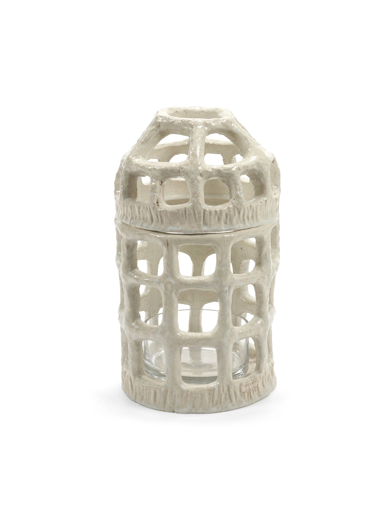 Decorative ceramic lantern with lattice design on a white background
