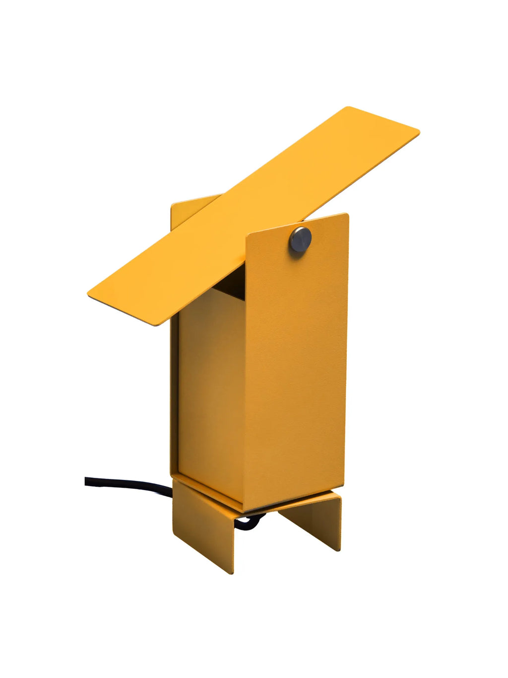 MOEBE Pivoting Table Lamp, a striking modern minimalist desk lamp featuring a matte mustard yellow powder-coated steel finish and a clean geometric silhouette.