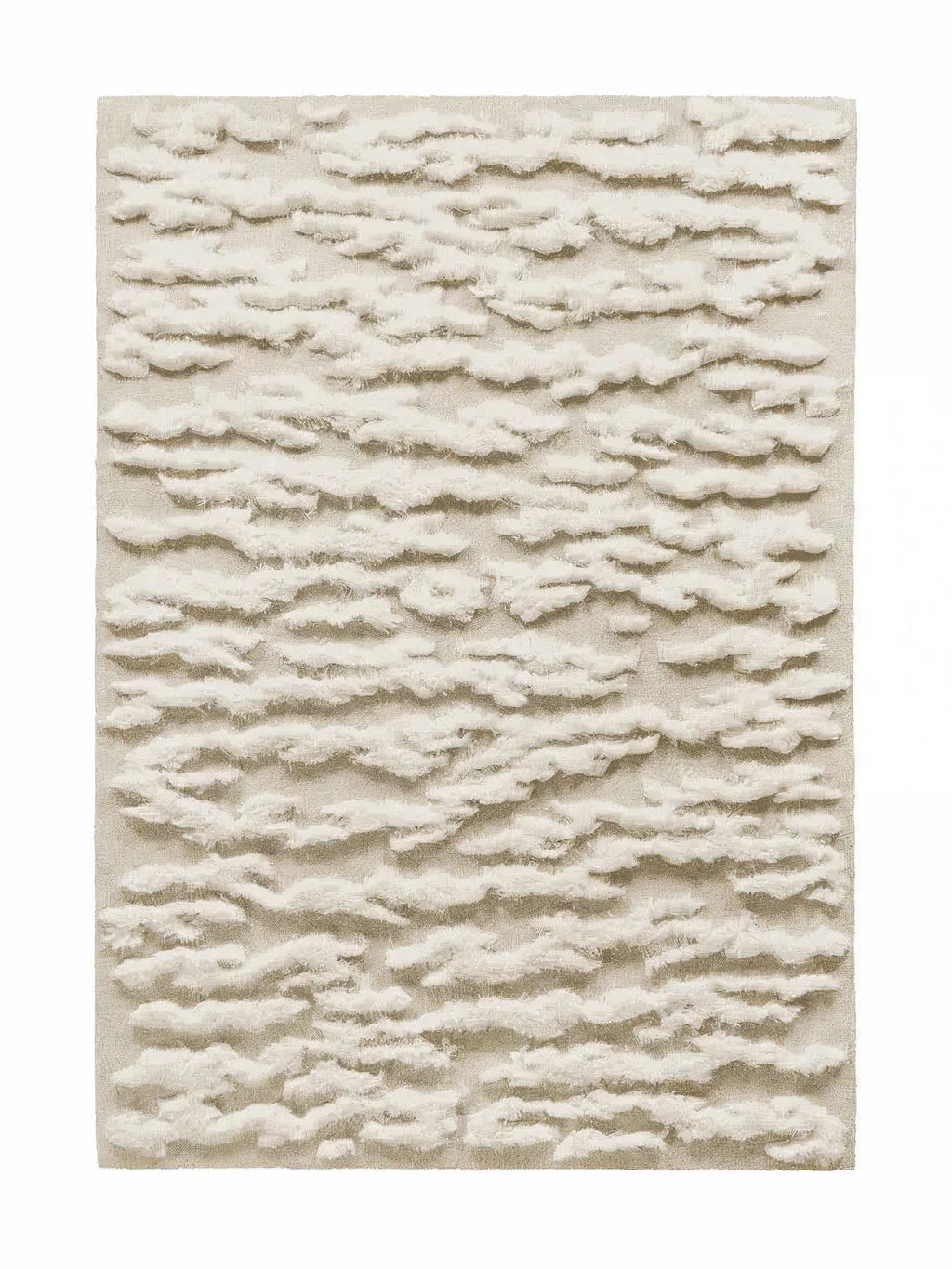 alp_ Plage Sauvage Rug, a rectangular organic modern area rug featuring a plush, hand-tufted texture with raised, irregular cloud-like or wave-like patterns in natural cream and off-white tones. This soft, sculptural wool rug brings a cozy, minimalist aesthetic to Scandinavian living rooms, serene bedrooms, or contemporary reading nooks.