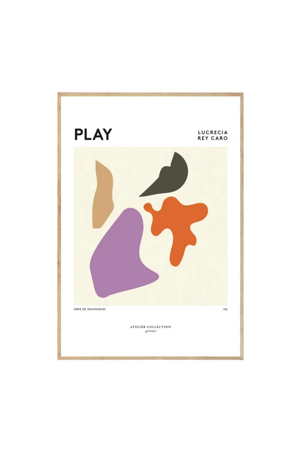 The Poster Club Play - Art Print, featuring a modern abstract design with organic shapes in muted orange, deep purple, beige, and dark gray on a cream background, all within a thin natural wood frame. This stylish wall art is perfect for enhancing contemporary living spaces and appealing to art print enthusiasts.