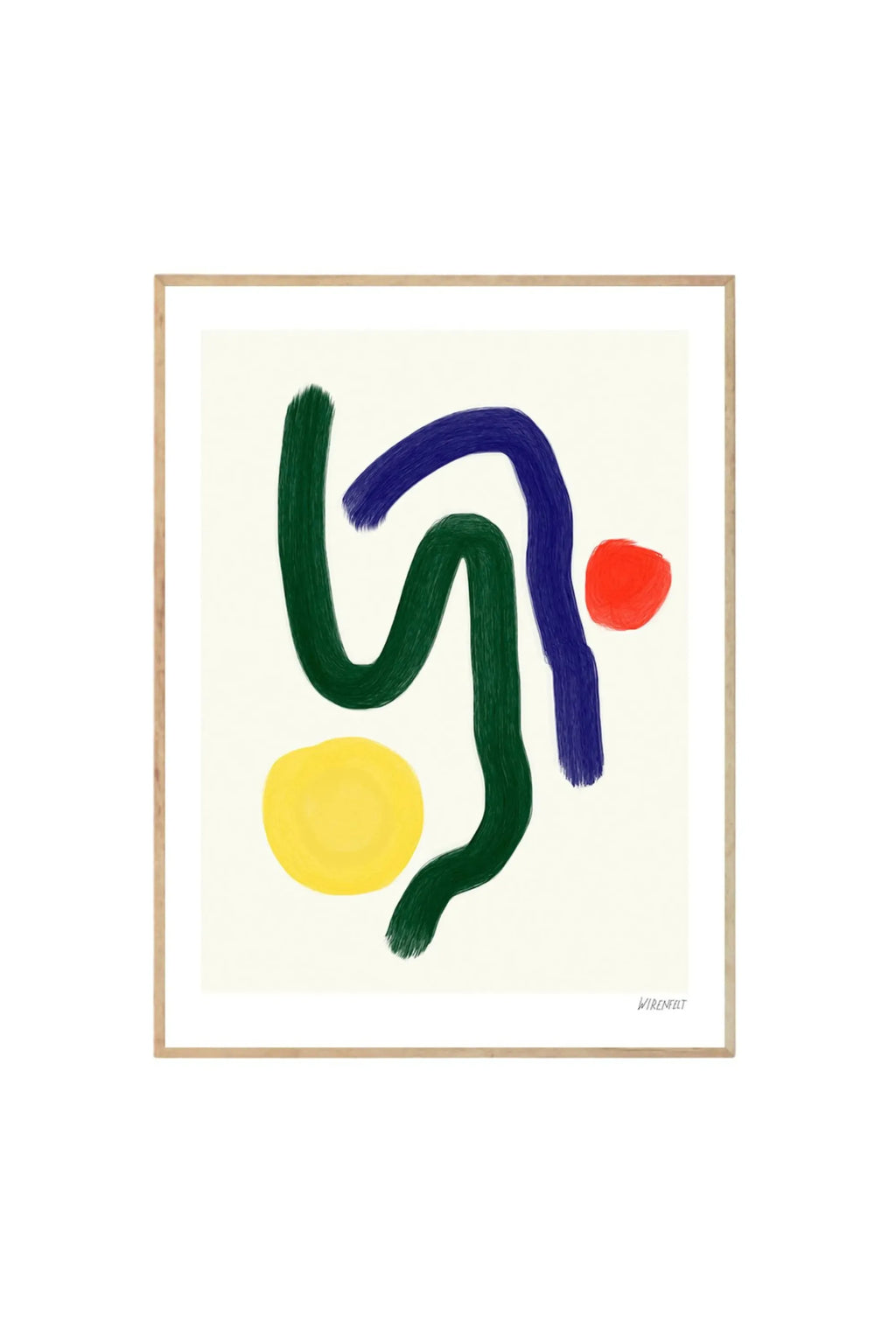 The Poster Club Volare - Art Print, a modern abstract poster featuring bold, textured brushstrokes in deep forest green, vibrant royal blue, and bright red, alongside a sunny yellow oval shape on an off-white background, framed in natural light wood. This stylish graphic print is perfect for contemporary art lovers seeking a unique statement piece for their home or office decor.