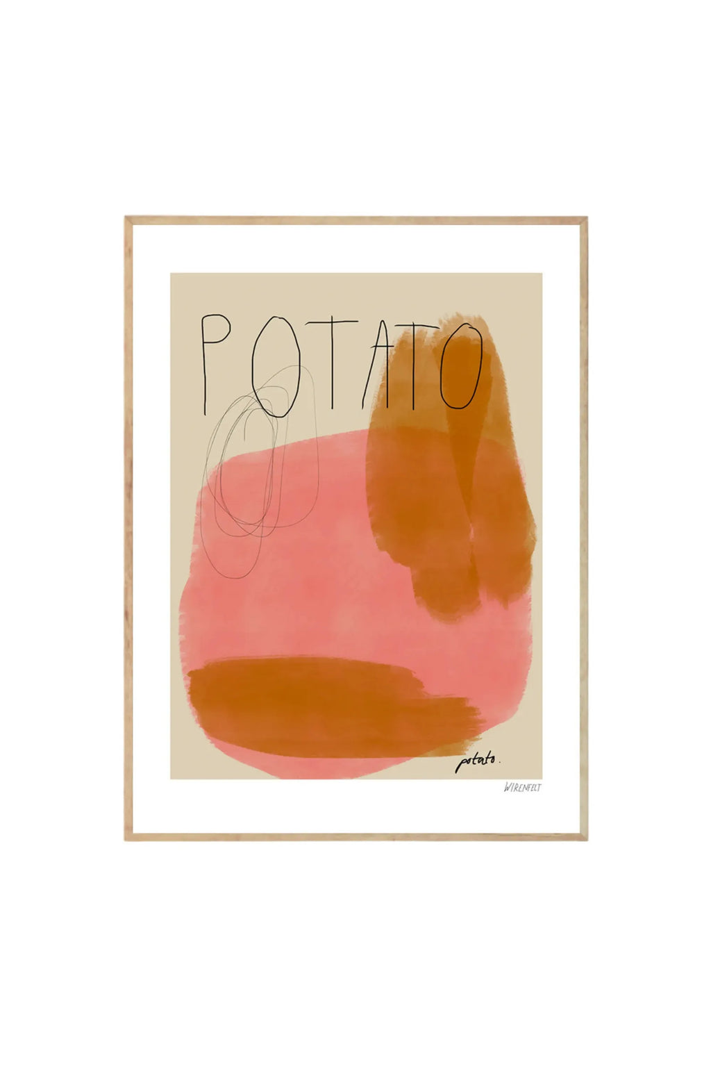 The Poster Club Potato Potato - Art Print, a modern abstract poster featuring bold coral pink and rustic orange brushstrokes with the word "POTATO" in black handwritten script, all within a light wooden frame. This decorative wall art is perfect for enhancing a contemporary kitchen or dining space for art lovers and culinary enthusiasts.
