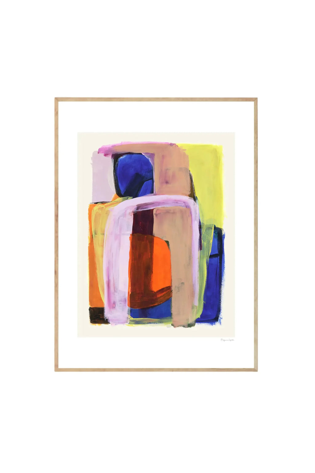 The Poster Club Prana - Art Print, an abstract modern art print featuring bold brushstrokes in vibrant shades of blue, orange, yellow, pink, and beige, framed in light natural wood. This contemporary wall decor is perfect for art enthusiasts looking to add a stylish, colorful statement to their living space or office.