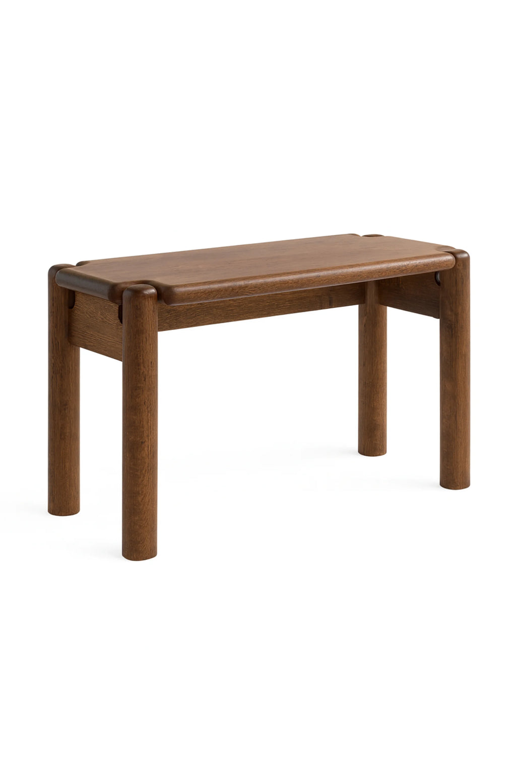 TAMO Puffo Desk, a premium wooden desk with rich brown oak grain, featuring a rectangular top and chunky, rounded legs, displayed on a white background. Ideal for a modern workspace.