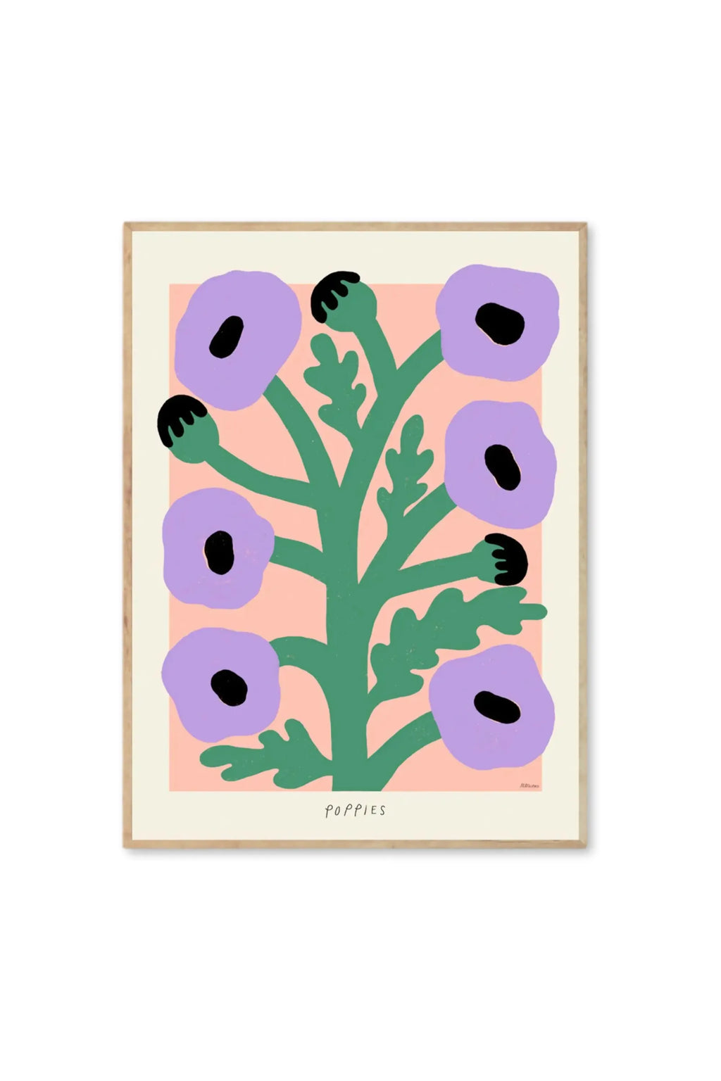 The Poster Club Purple Poppies - Art Print, featuring a modern botanical illustration with vibrant purple poppy blooms, dark green stems, and black centers against a soft pink background within a natural wood frame. This stylish framed poster is perfect for adding a pop of color to a contemporary living space, home office, or bedroom.