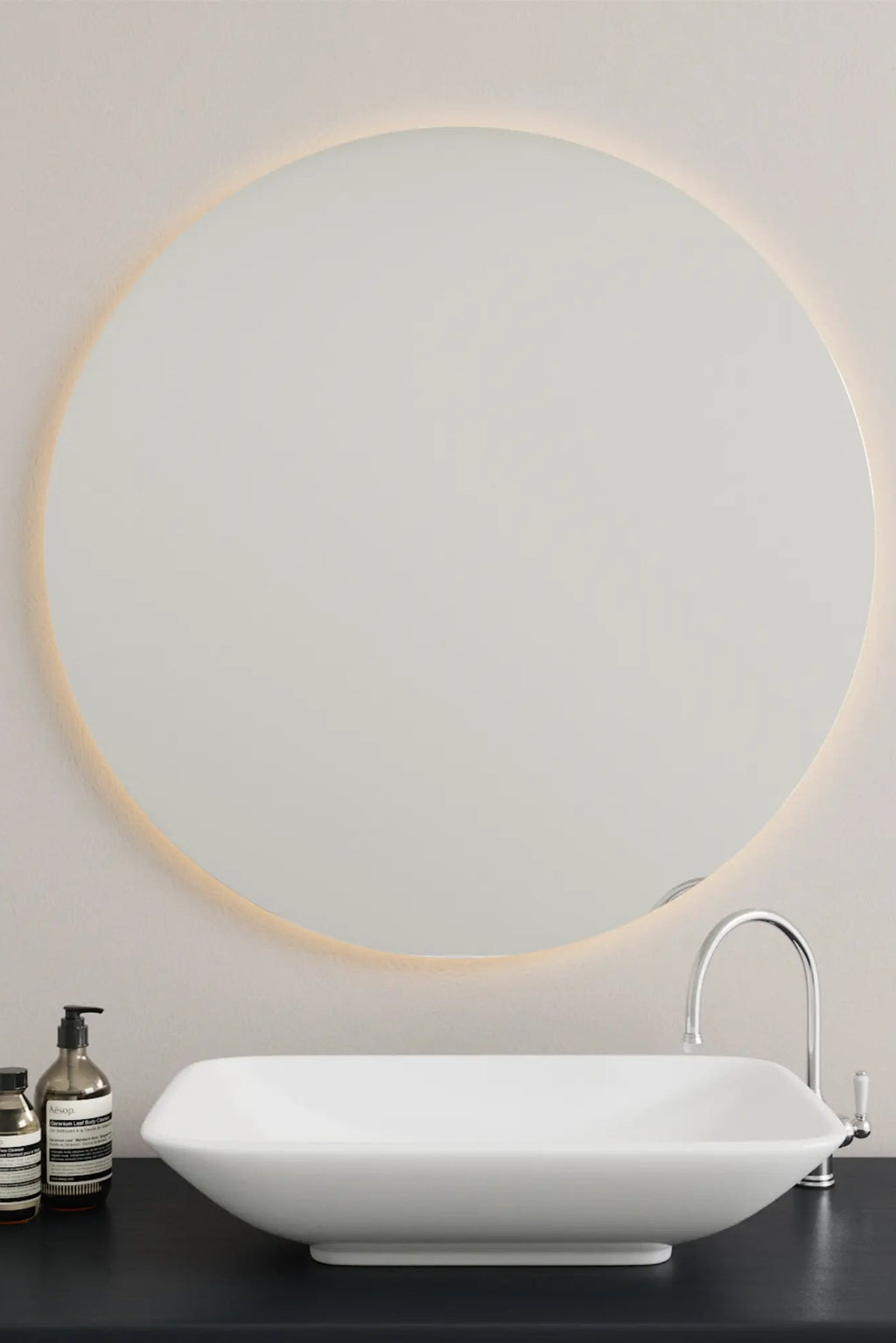 Large round mirror with illuminated border for a luxurious look