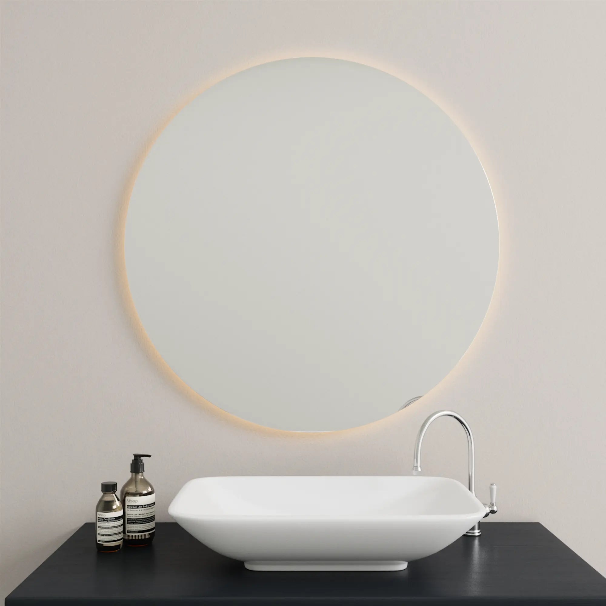 Large round mirror with illuminated border for a luxurious look