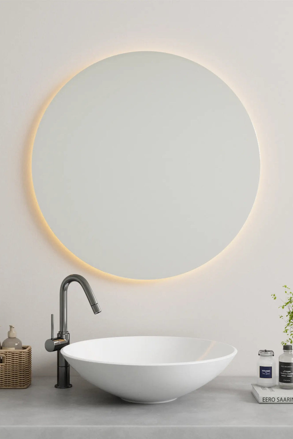 Round mirror with lights perfect for makeup application and grooming