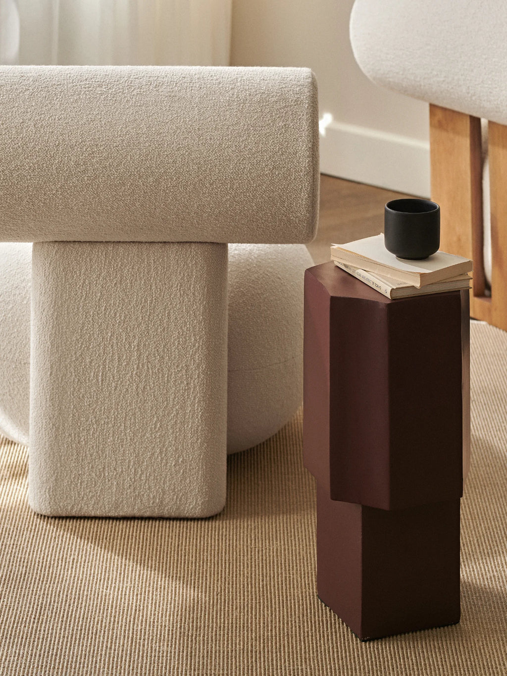 NORR11 Quartz Side Table, a modern and stylish hexagonal side table in a rich maroon hue. This elegant table features stacked geometric shapes, offering a luxurious and durable accent piece. Perfect for contemporary living spaces, it's ideal for those seeking a unique and functional piece of furniture.