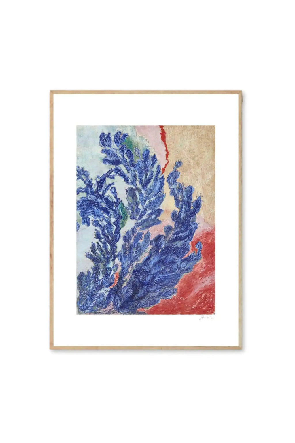 The Poster Club Quiet Bloom - Art Print, a contemporary abstract poster featuring textured blue botanical forms against a background of warm beige and vibrant red, framed in light natural wood. This stylish wall art is perfect for enhancing modern living spaces for art lovers and interior design enthusiasts.