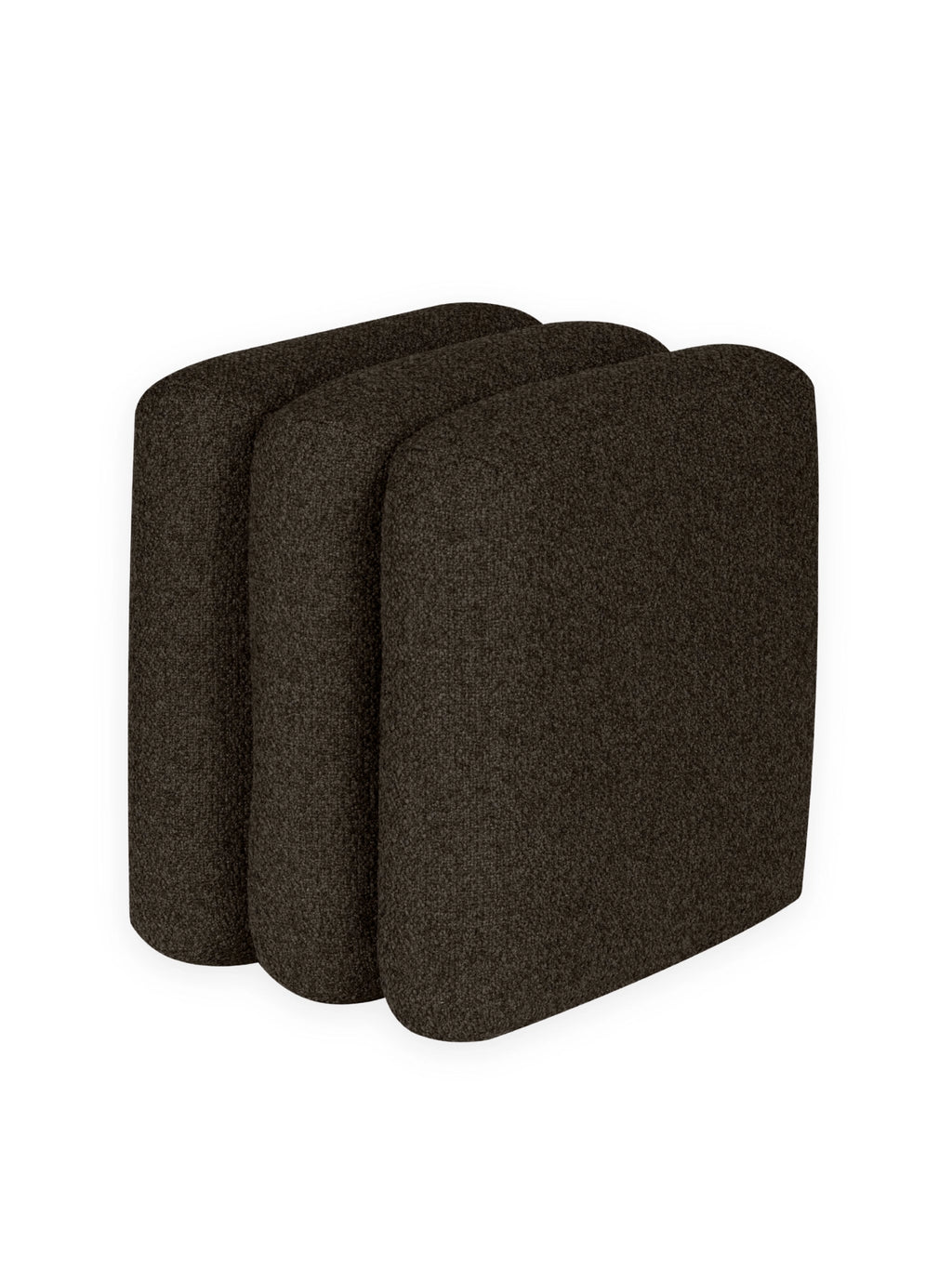 noo.ma Radd Pouf, a dark brown modular pouf featuring three distinct rounded rectangular segments upholstered in a rich, textured bouclé fabric.