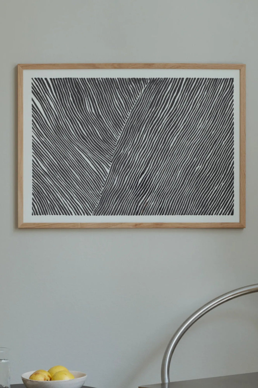 The Poster Club The Line no. 01, a minimalist abstract art print showcasing a dynamic pattern of organic black and white wavy lines, creating visual depth and texture.