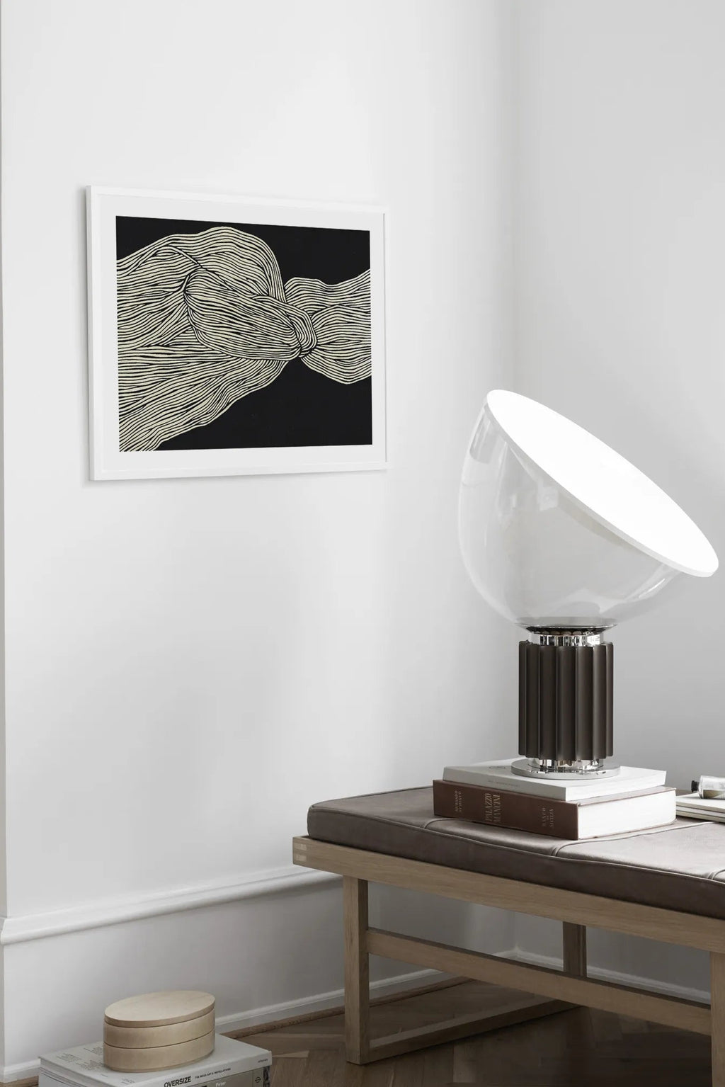The Poster Club The Line No 12, a modern minimalist abstract art print featuring organic cream-colored lines on a deep black background, presented in a crisp white frame.