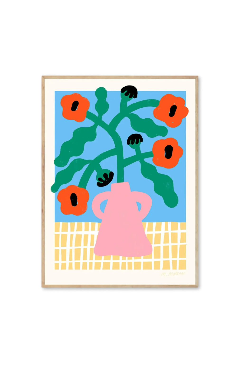 The Poster Club Red Poppies in Pink Vase - Art Print, a vibrant contemporary poster featuring stylized orange poppies with black centers and green stems in a blush pink vase, set against a bright blue background and a yellow grid pattern. This modern floral wall art is perfect for adding a pop of color to any space, ideal for art print collectors and home decor enthusiasts.