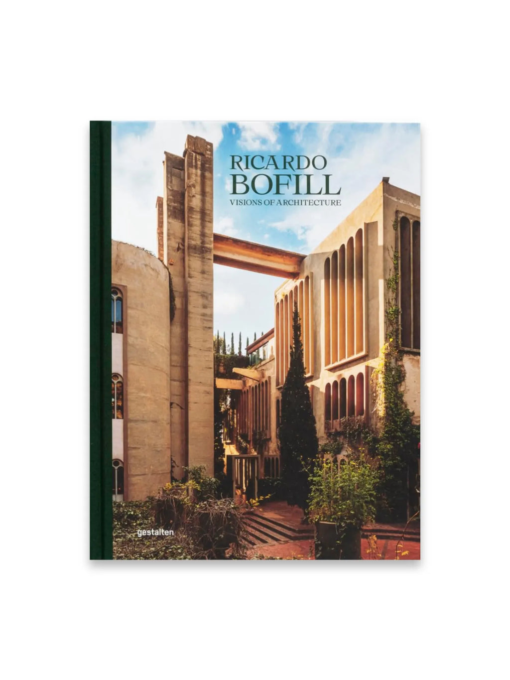 Book Ricardo Bofill, a premium hardcover architecture book with a dark green spine and a cover image showcasing a brutalist-style concrete building with arched windows, lush greenery, and a bright blue sky. This insightful publication is perfect for architecture enthusiasts, students, and design professionals interested in modern architectural masterpieces.