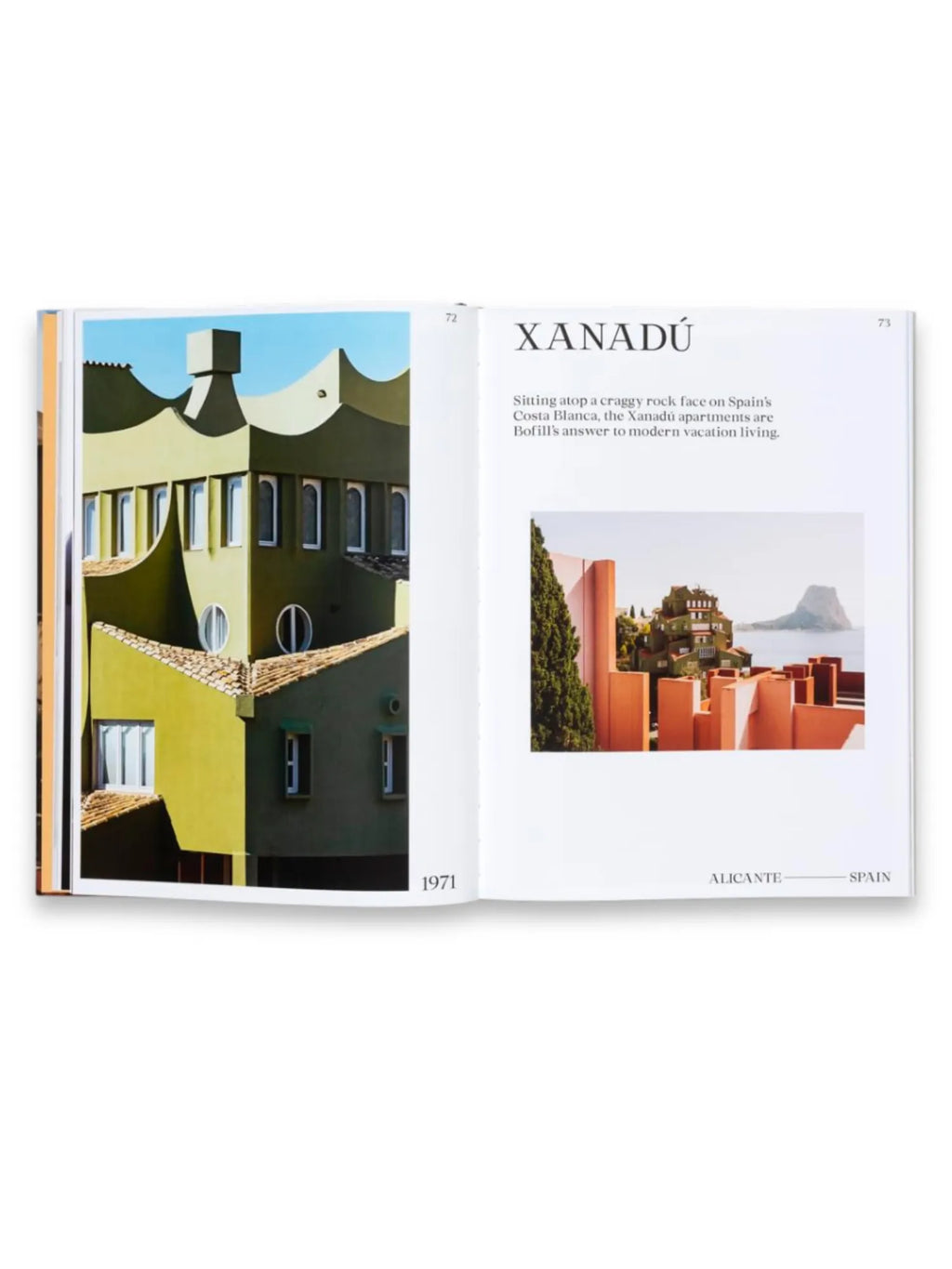 Book Ricardo Bofill, an open architecture book displaying vibrant photographs of Xanadú apartments in varying shades of green and orange with unique wavy and geometric shapes. This collectible modern architecture book is perfect for design enthusiasts, students, and professionals interested in Ricardo Bofill's innovative work.
