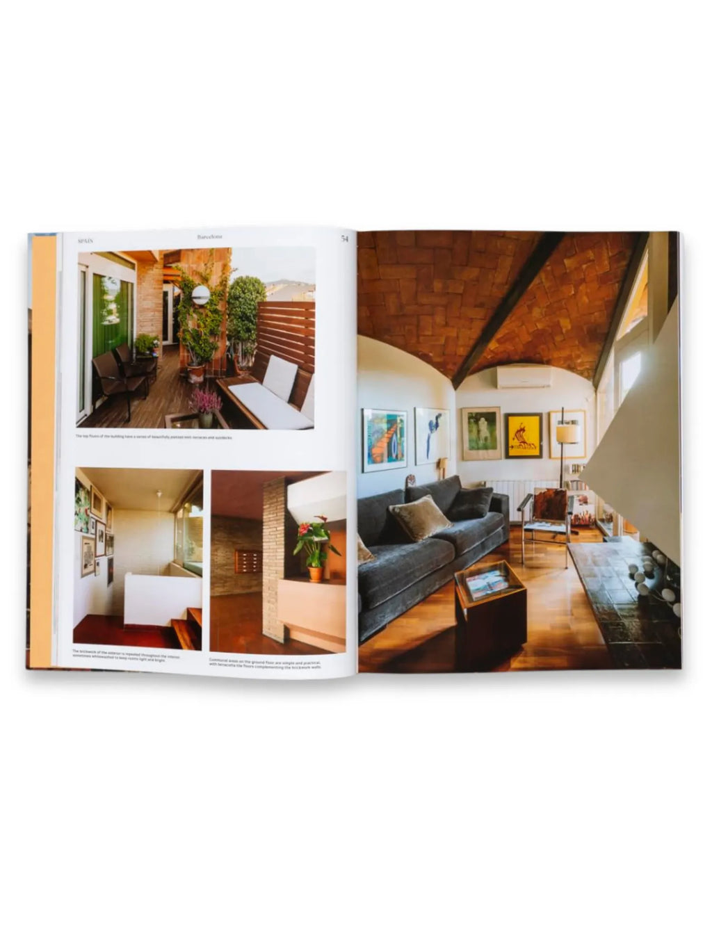 Book Ricardo Bofill, an open architecture book featuring interior design and architectural photography. The left page displays a modern outdoor patio, a staircase, and a brick wall, while the right page showcases a living room with a unique vaulted brick ceiling and contemporary art. This inspiring architecture and design book is perfect for design enthusiasts, students, and professionals seeking innovative architectural ideas.