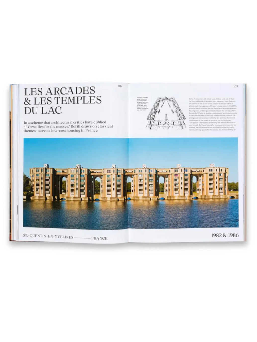 Book Ricardo Bofill, an open architecture book displaying a spread with large black text "LES ARCADES & LES TEMPLES DU LAC" on the left page and a vibrant color photo of the Les Arcades du Lac residential complex over water on the right. This comprehensive book is ideal for architects, students, and enthusiasts interested in modern architectural history and design.