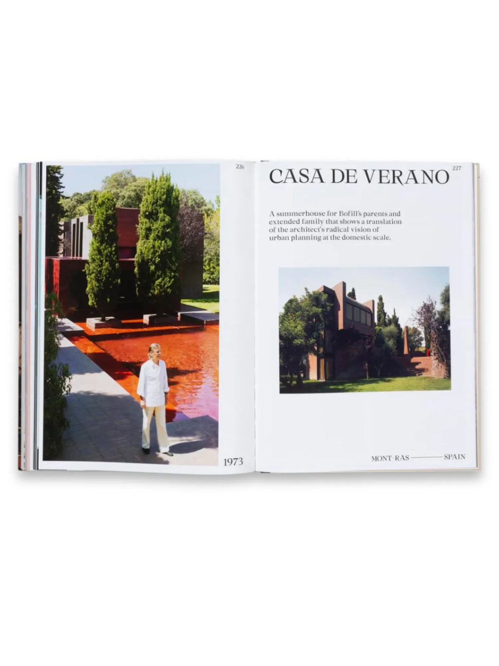 Book Ricardo Bofill, an open architecture book displaying a spread with "Casa de Verano" featuring photos of a modern, reddish-brown summerhouse and a man standing by a reflective red pool. This essential architecture book is ideal for students, architects, and design enthusiasts.