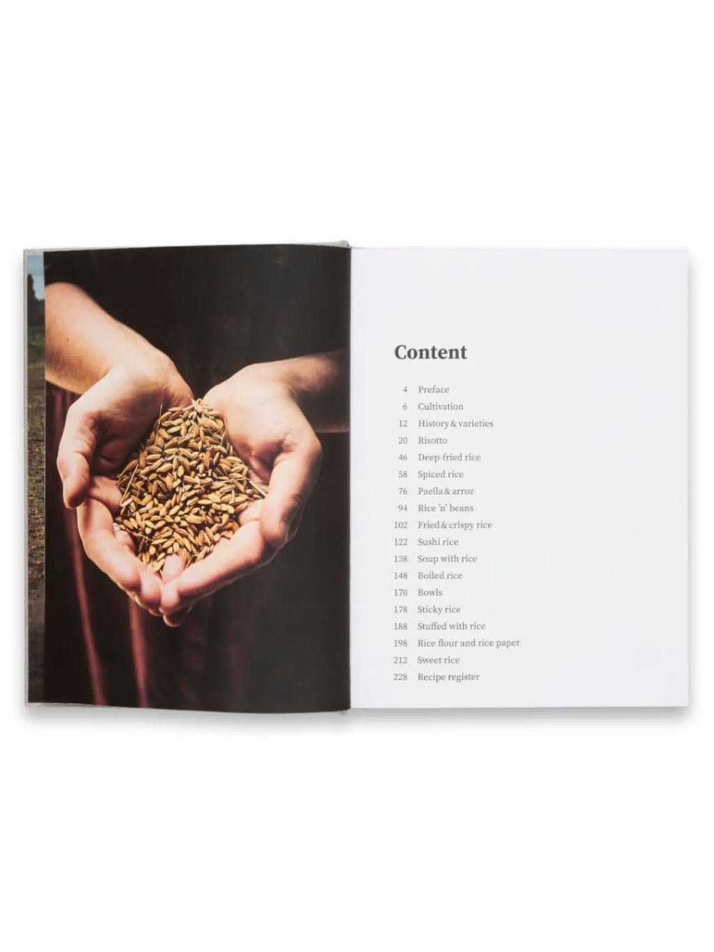 Book Rice and Shine, an open cookbook featuring a close-up image of hands holding a pile of golden-brown rice grains on the left page, opposite a detailed "Content" index on the right with various rice dish categories. This comprehensive culinary guide is perfect for home chefs and cooking enthusiasts exploring global rice recipes.