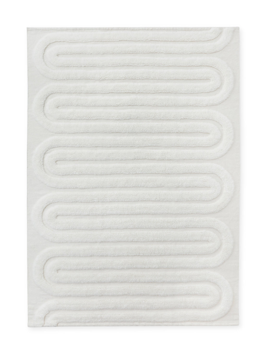 Tinted Objects Riklund Wool Rug, a luxurious off-white wool area rug featuring a raised, plush serpentine pattern for rich texture and visual interest. This durable, soft rug is perfect for adding a cozy, modern touch to living rooms or bedrooms for design-conscious homeowners.