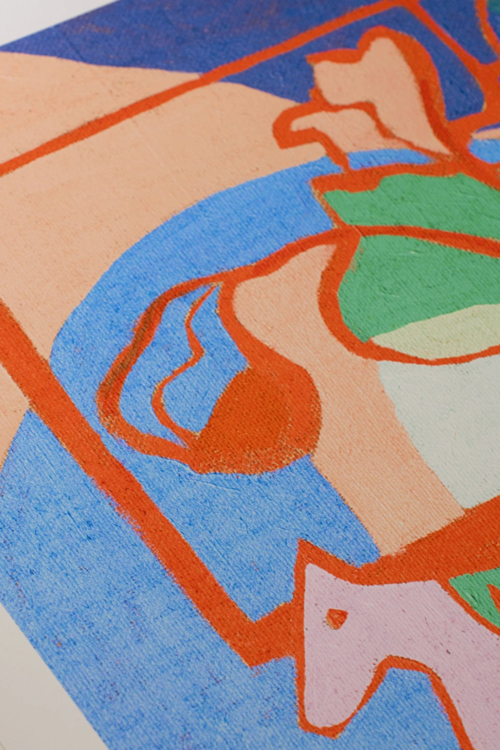 The Poster Club Fini, a vibrant abstract art print featuring bold organic shapes outlined in bright orange, with sections of royal blue, light peach, soft green, and pale pink, all rendered with a visible textured finish that mimics paint on canvas. This colorful contemporary poster is ideal for adding a playful, artistic touch to modern living rooms, bedrooms, or creative gallery walls.