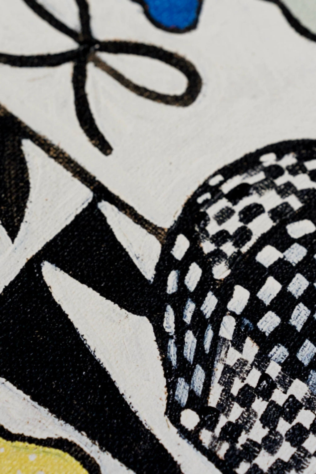 The Poster Club Lime, an abstract art print showcasing bold black and white organic shapes with a distinct textured checkered pattern and flowing lines, set against a subtle white background with hints of blue and yellow. This contemporary graphic art print, with visible brushstrokes, is ideal as modern wall art for gallery walls, living rooms, or creative home office spaces.