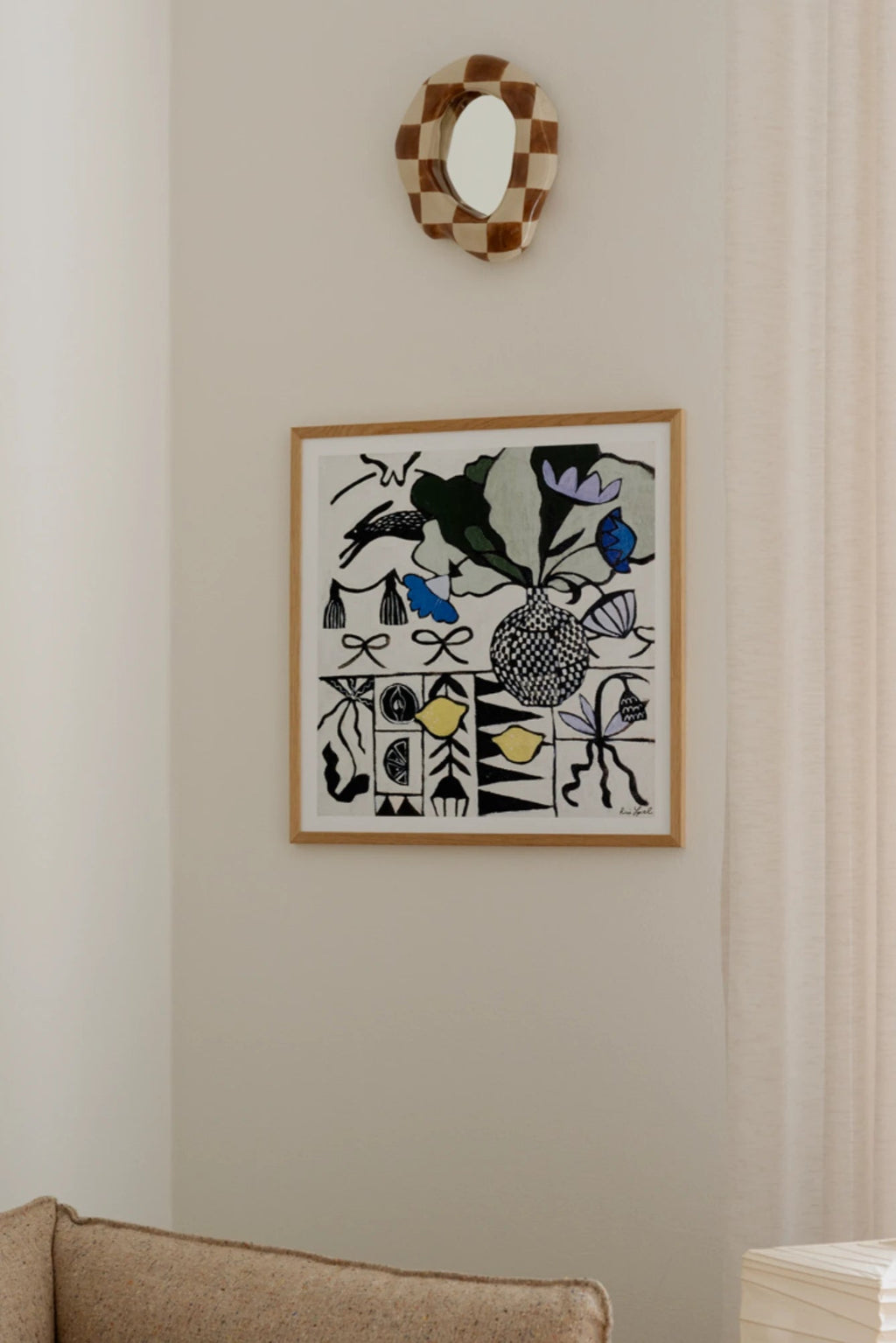 The Poster Club Lime, a vibrant contemporary abstract art print featuring black illustrative motifs, stylized yellow lemons, dark green leaves, and purple and blue flowers, presented in a natural oak frame with a white mat. This modern folk art inspired poster, with its unique checkerboard vase and organic elements, is perfect for adding a playful touch to gallery walls, living rooms, or creative studio spaces.