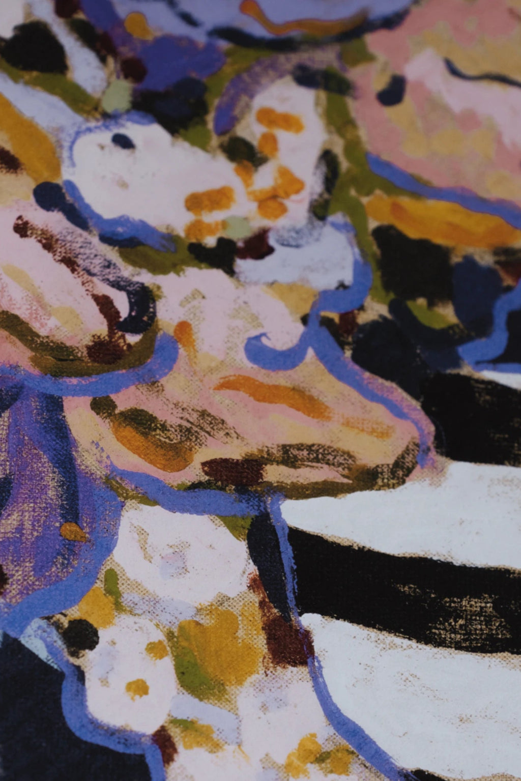 The Poster Club Violetta, a vibrant abstract art print showcasing expressive, organic shapes and bold brushstrokes in a rich palette of violet, royal blue, blush pink, mustard yellow, and olive green,.