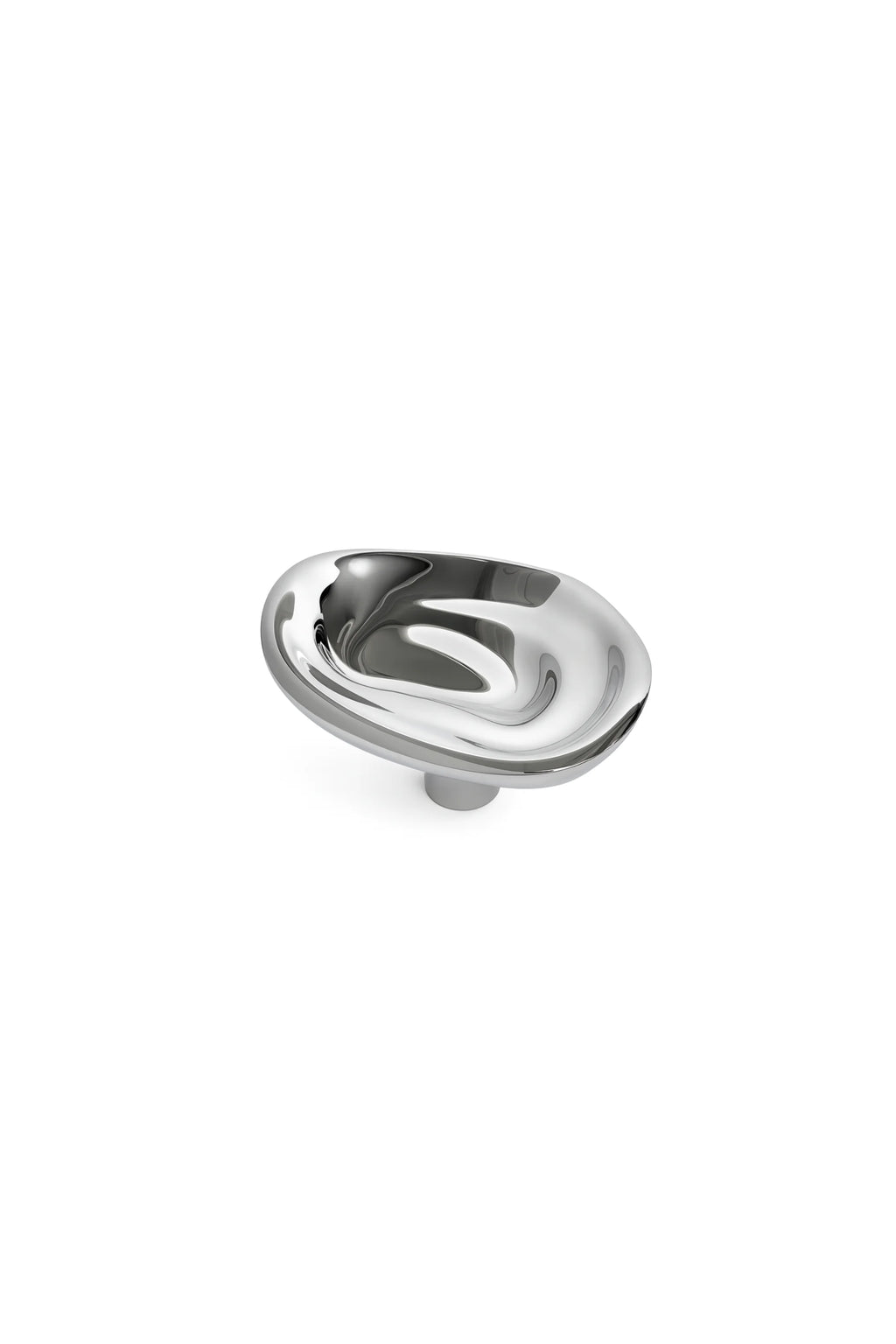 Hein Studio's Ripple Hook/Knob, featuring a polished chrome finish with an organic, wavy, and reflective surface on a short round base. This luxury modern hardware is perfect for adding designer appeal to cabinets.