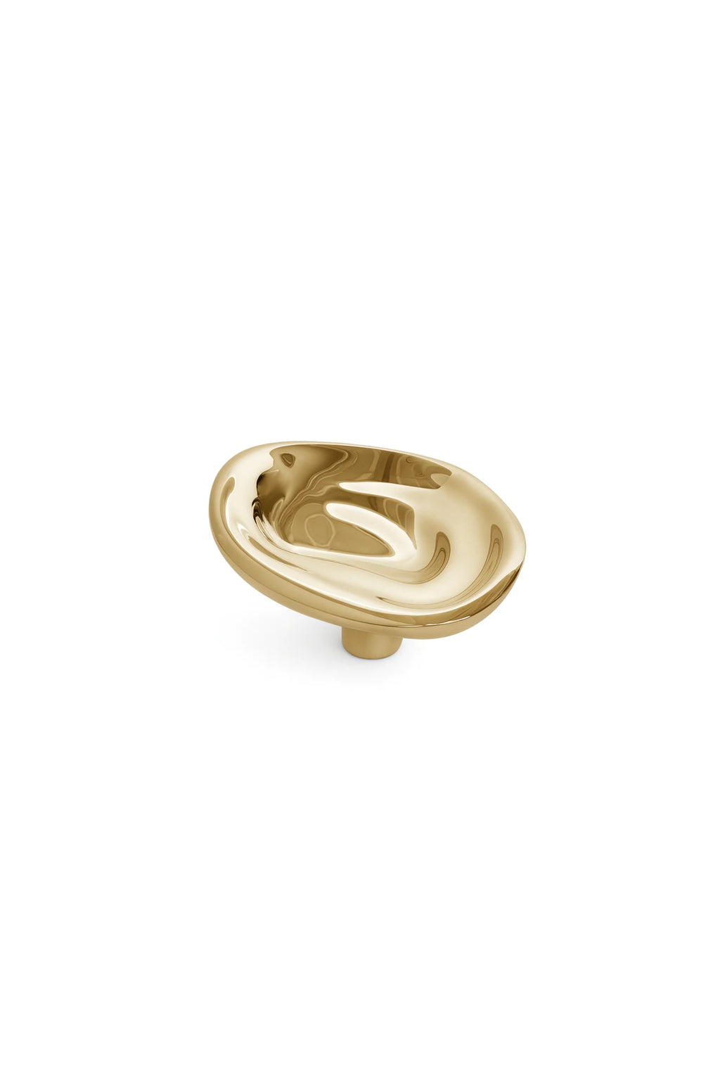 Hein Studio's golden Ripple Hook/Knob, a luxurious, polished fluid-shaped brass accent on a simple round base shown as a flat lay. Ideal for modern home decor.